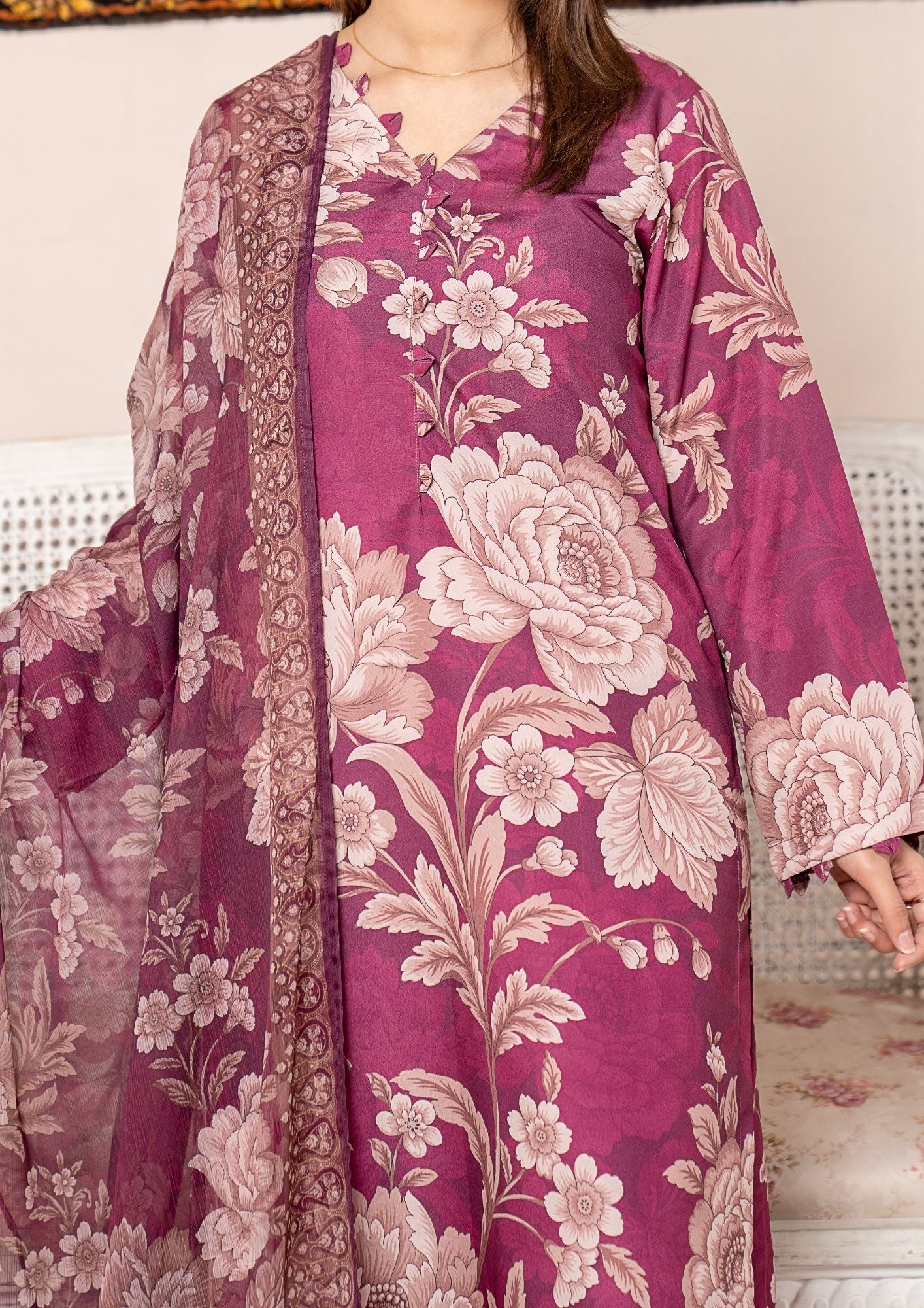 arabic lawn Kurta Set in Rose red