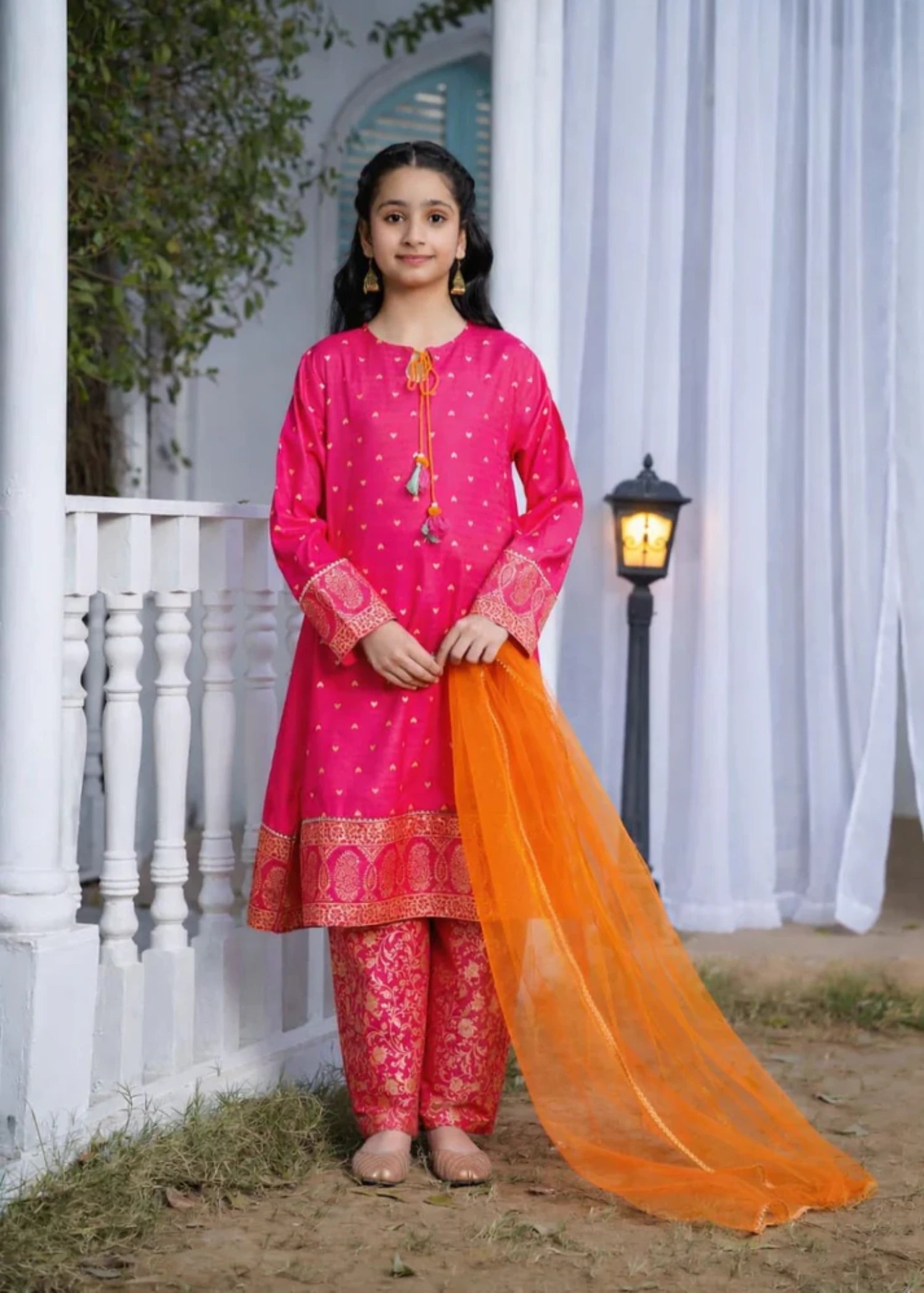 lawn Kurta Set in Shocking pink, orange