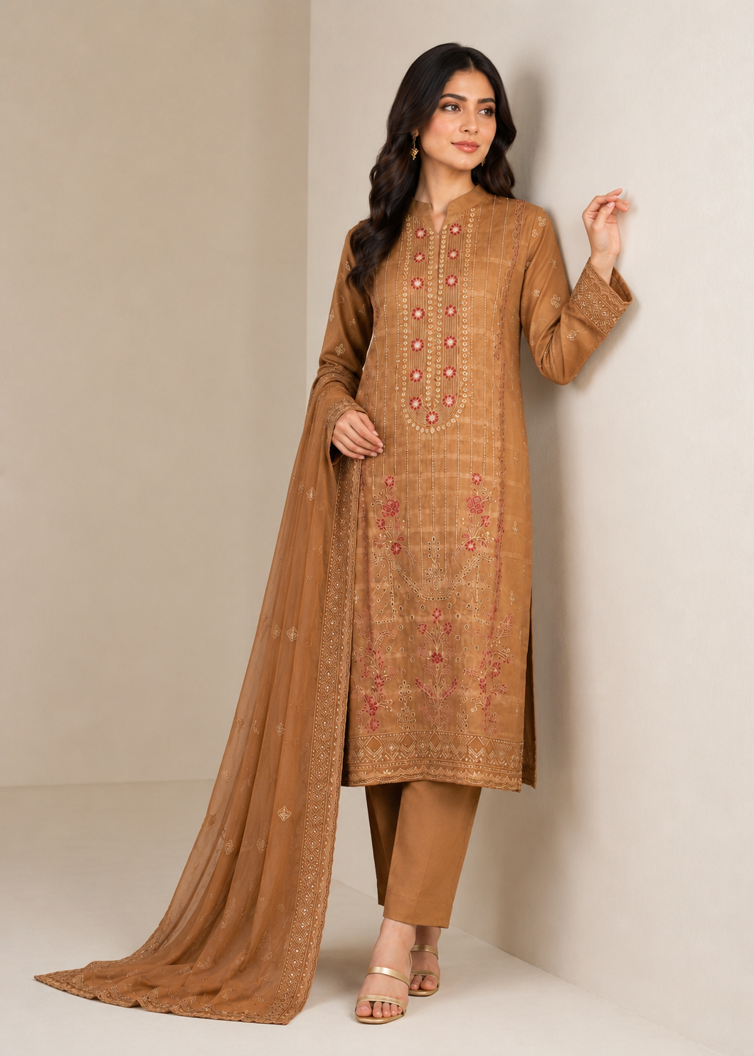 lawn Kurta Set in Camel brown