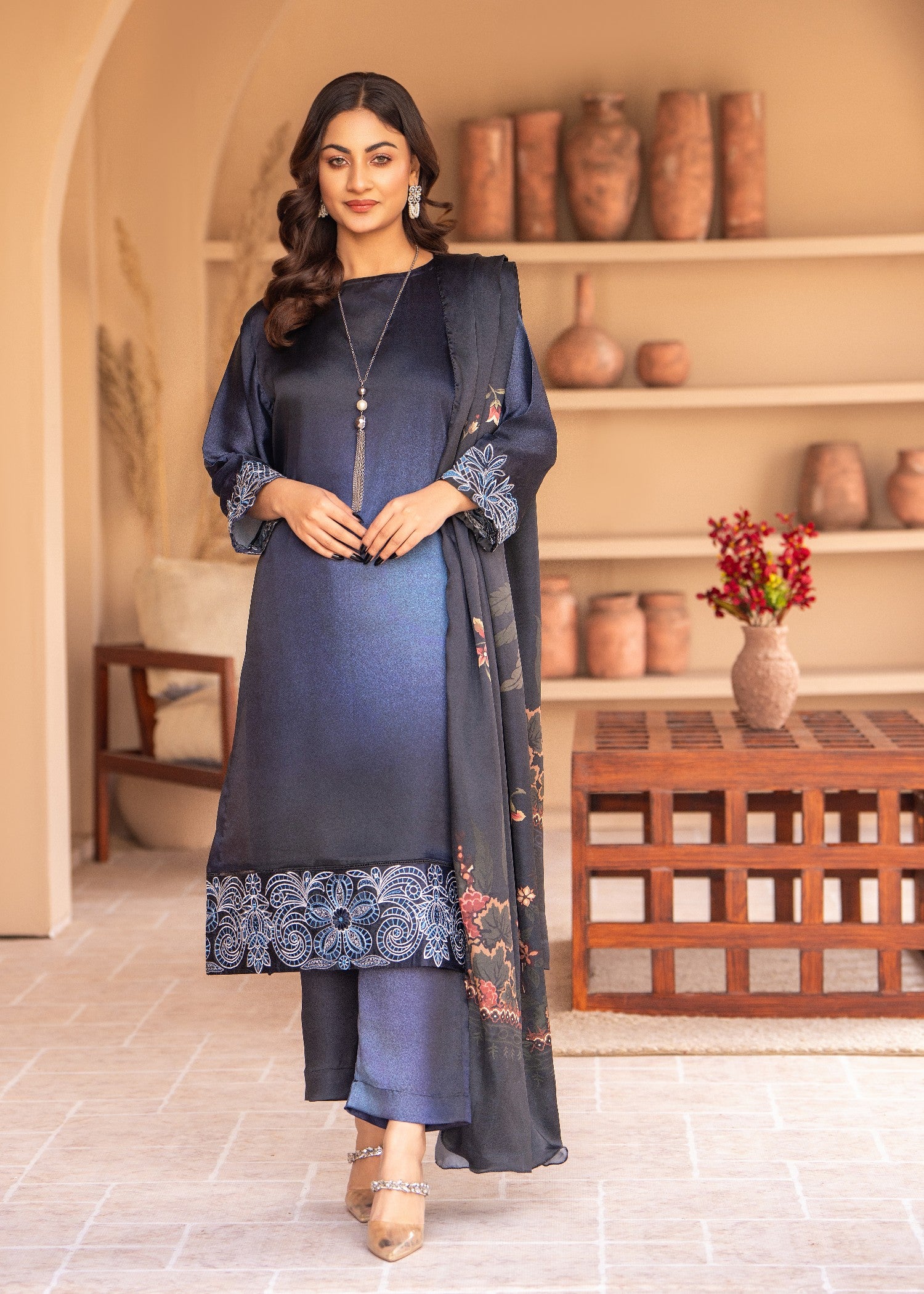 silk Kurta Set in Steel blue