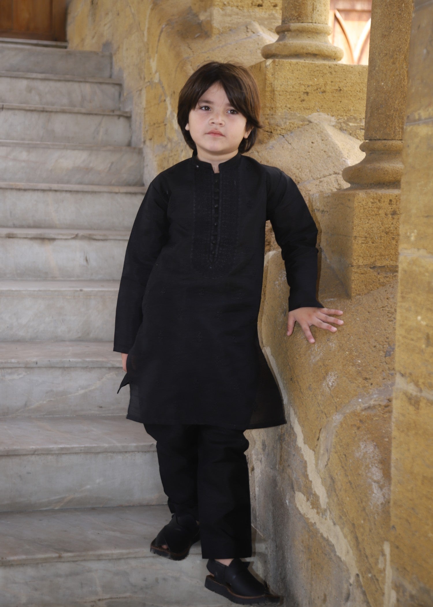 raw silk Kurta Set in Charcoal black