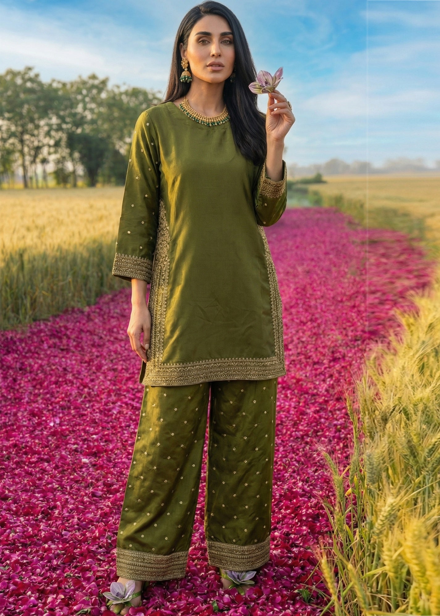 raw silk Kurta Set in Olive green