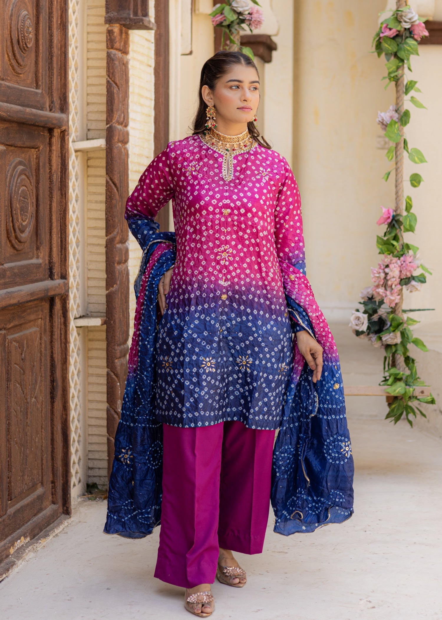 silk crepe Kurta Set in Indigo, magenta haze