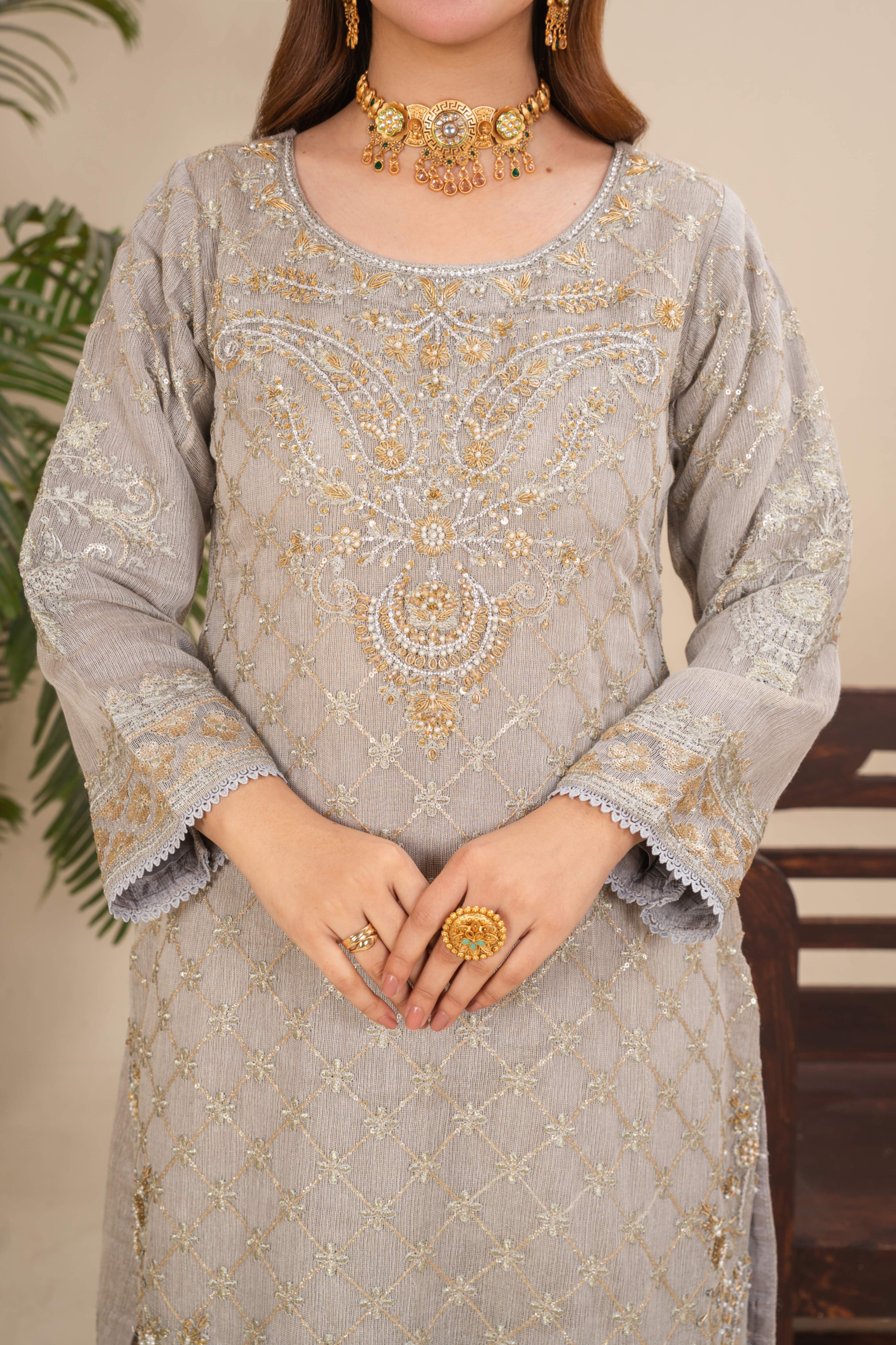 khaddi net Kurta Set in Pastel grey