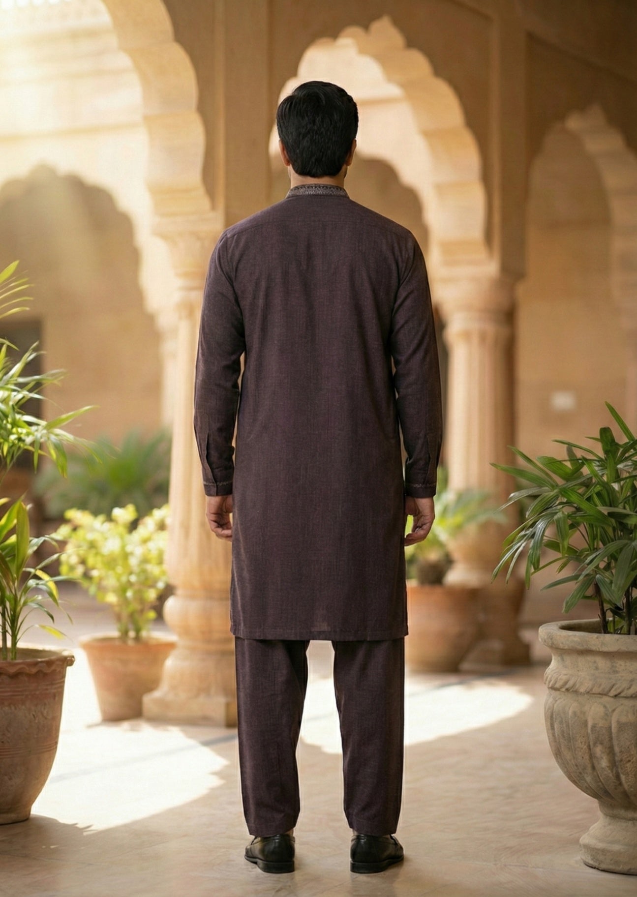 textured wash & wear Shalwar Kameez in Brown