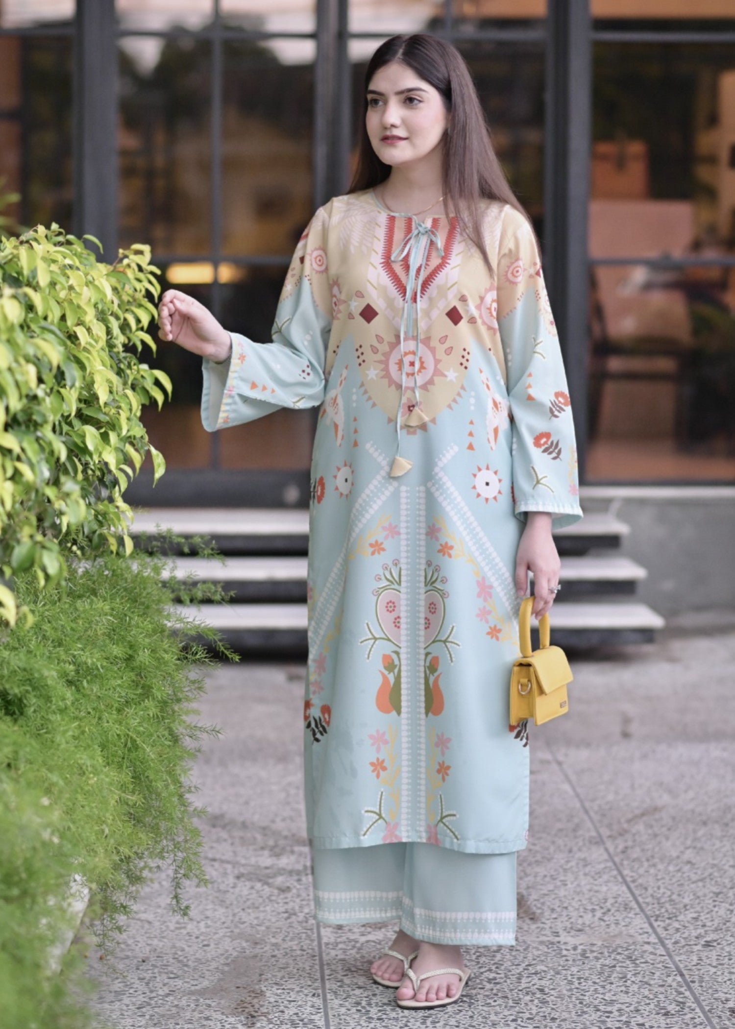 blended khaddar Kurta Set in Light blue, light yellow