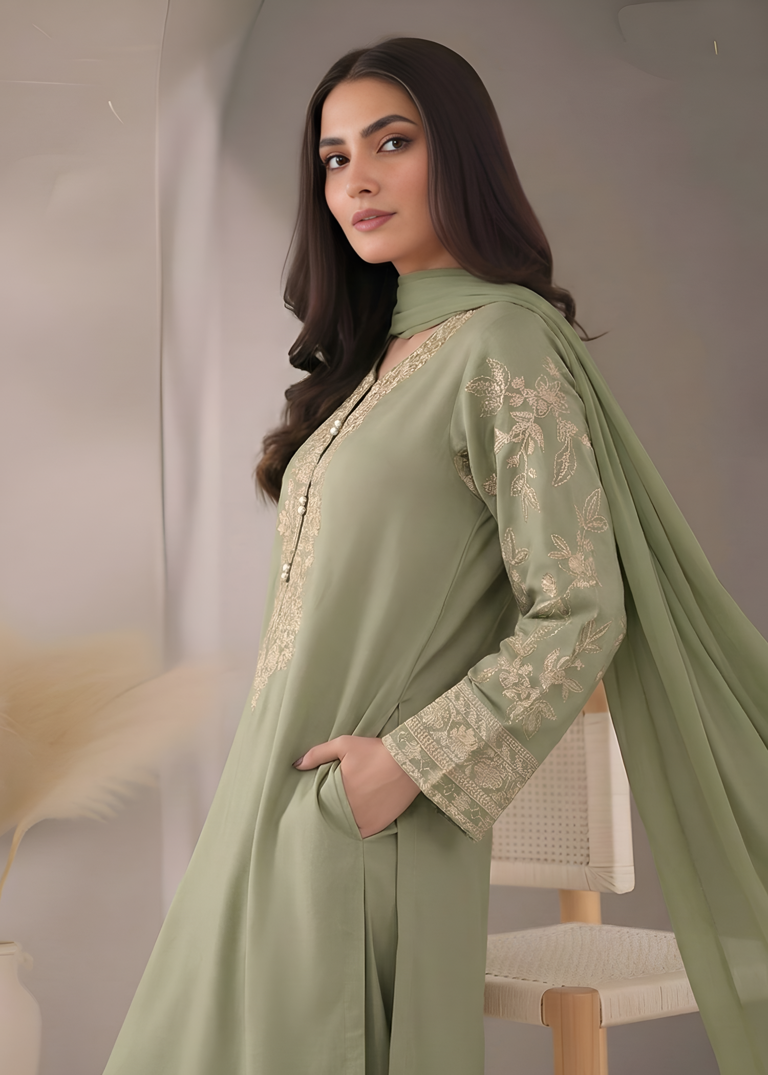 cambric Kurta Set in Sage green