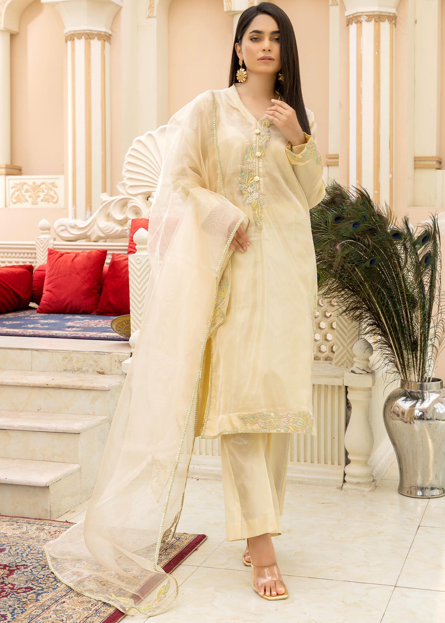 tissue Kurta Set in Yellow