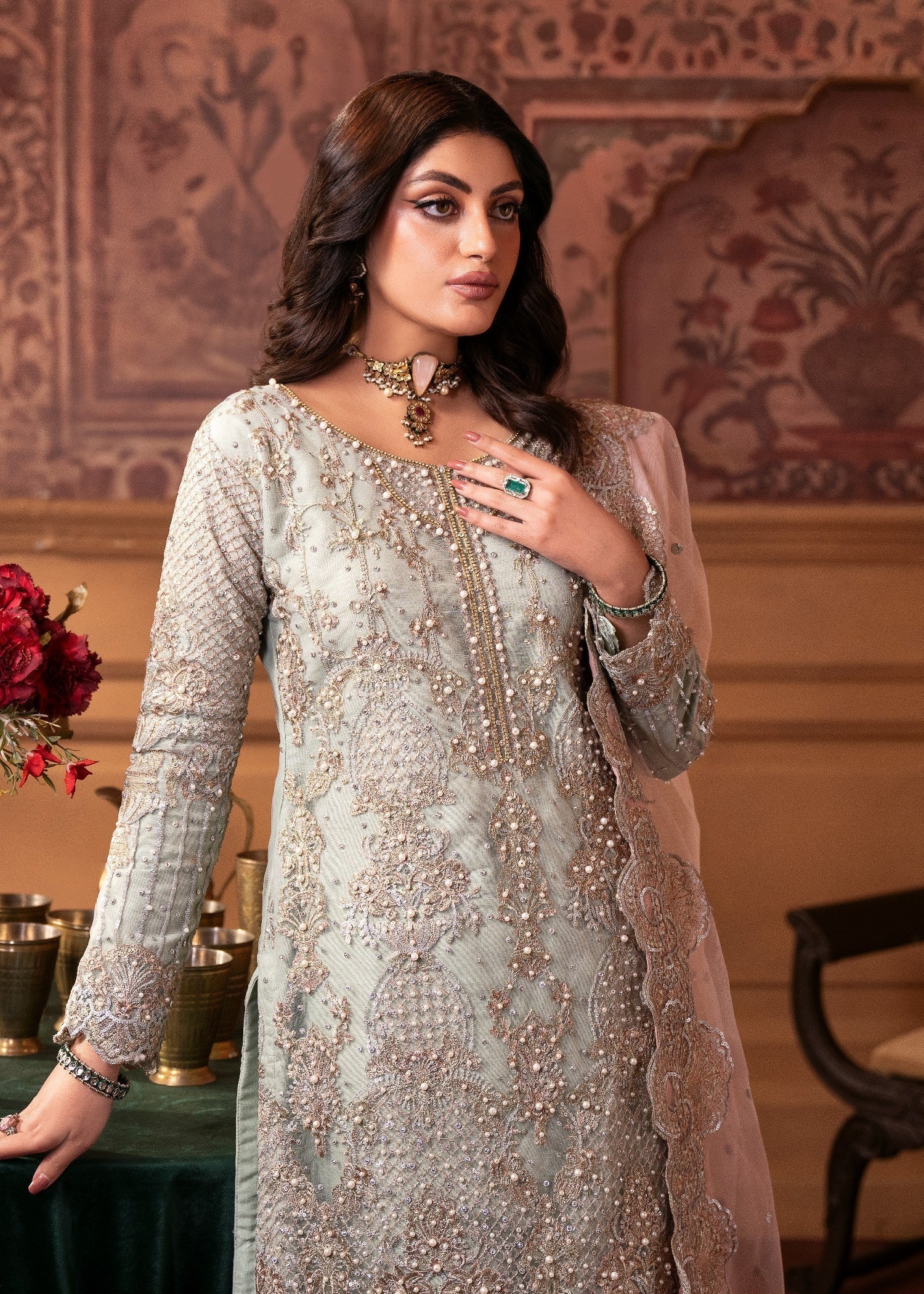 net Kurta Set in Mint green