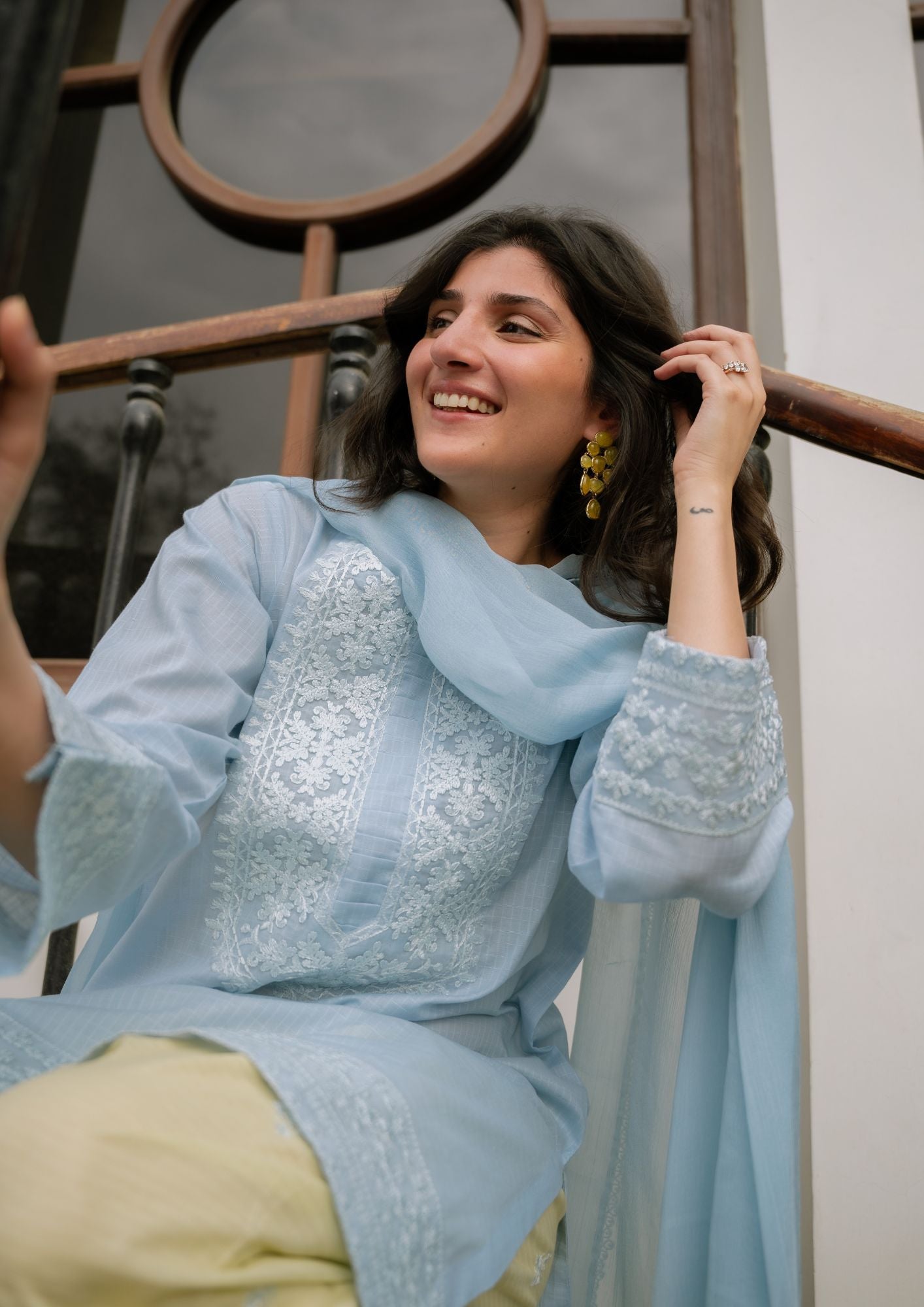 lawn Kurta Set in Ice blue, lemon chiffon