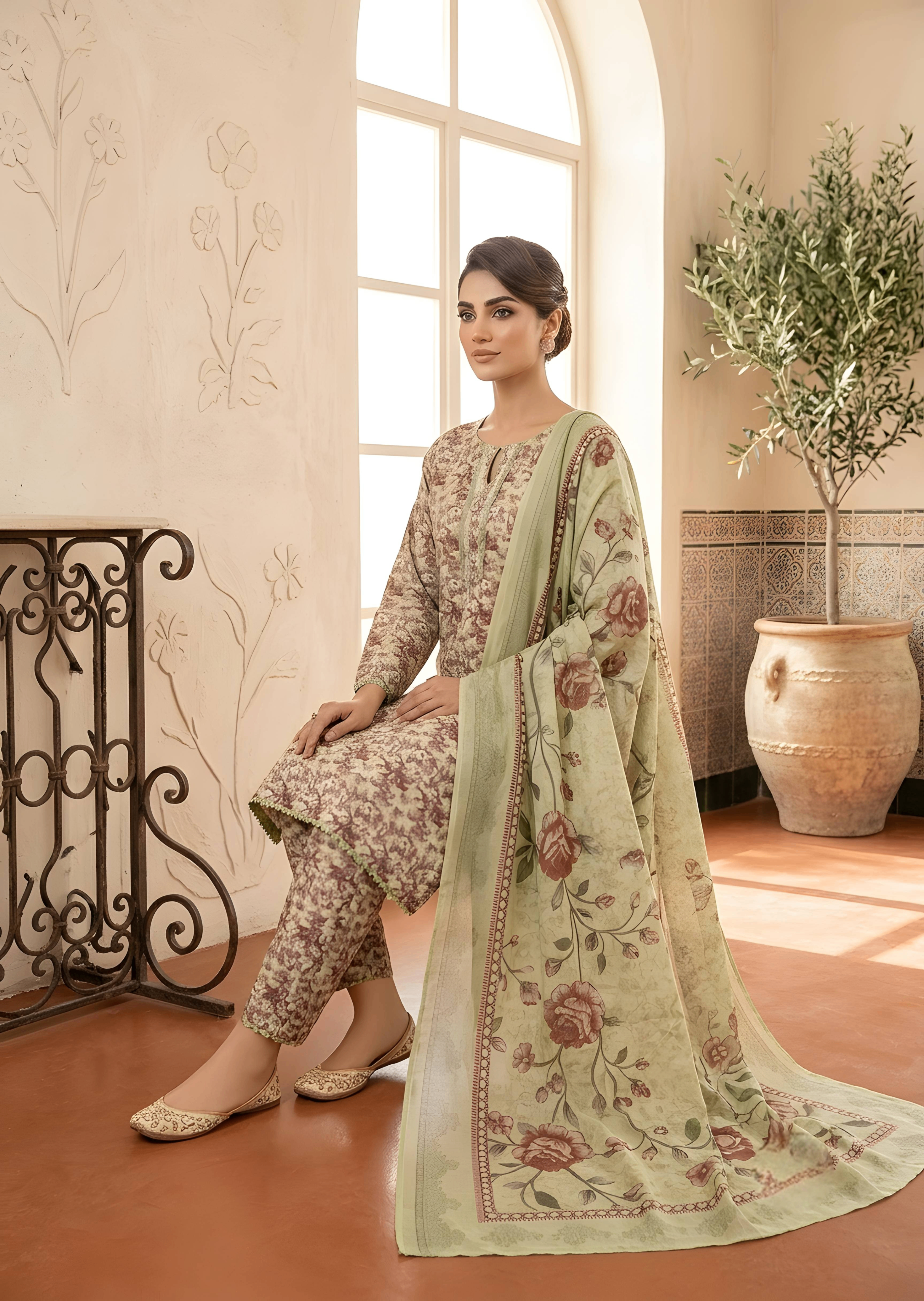 arabic lawn Kurta Set in Pistachio green