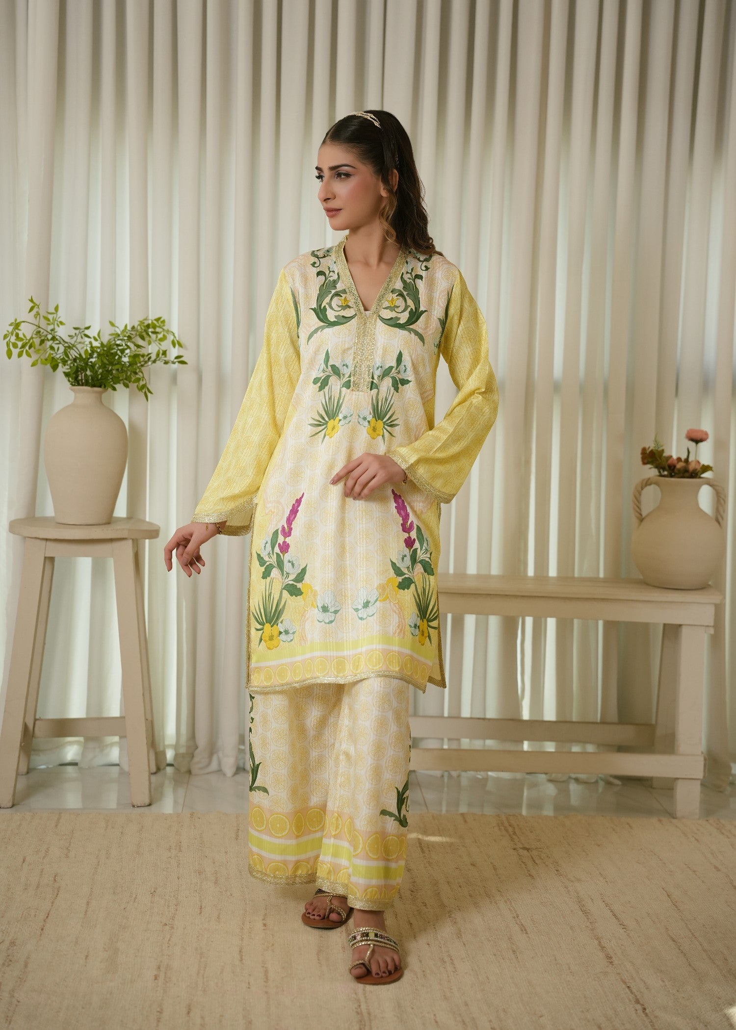 textured lawn Co Ord Sets in Dark green, white, lemon