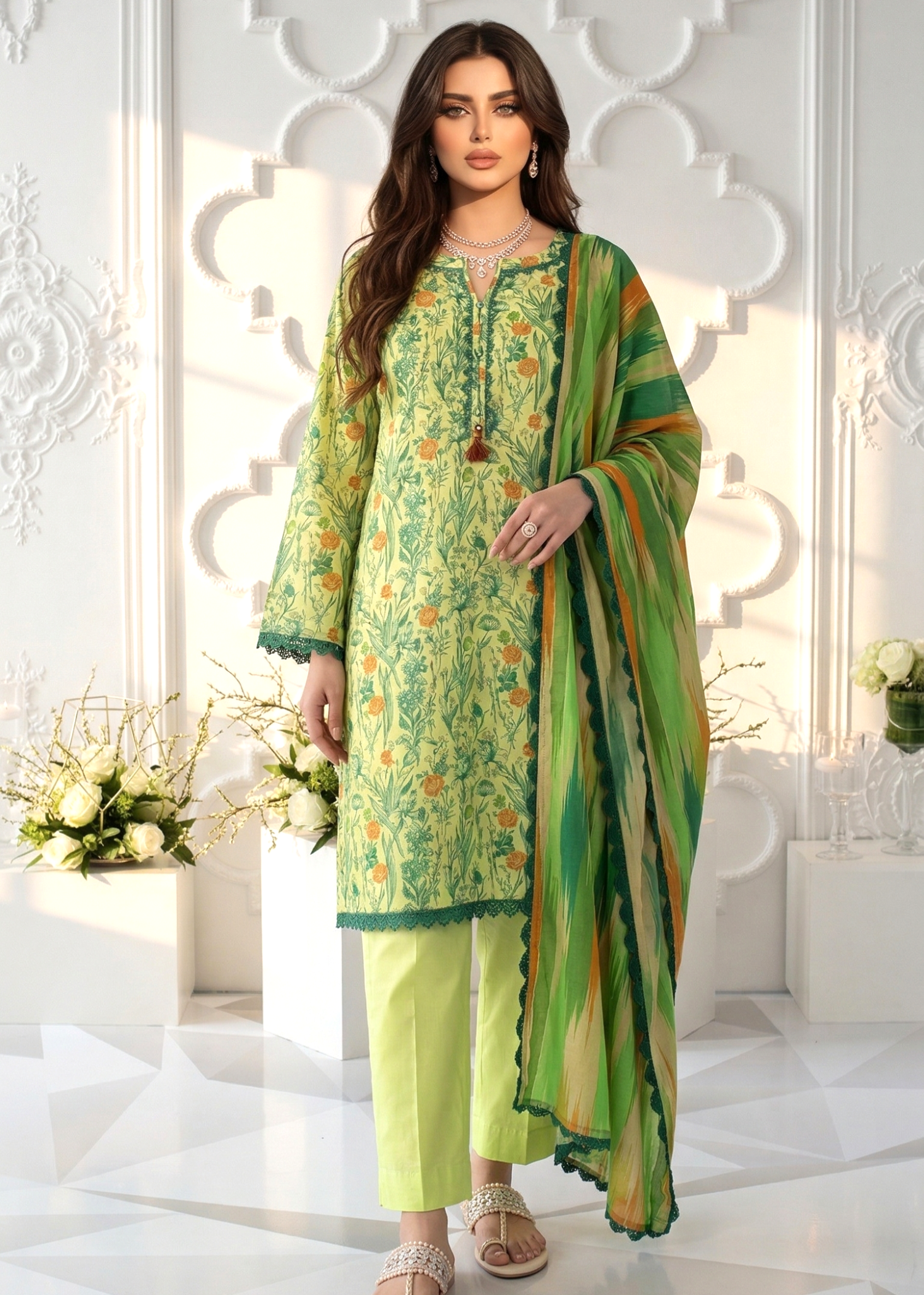 lawn Kurta Set in Yellow green