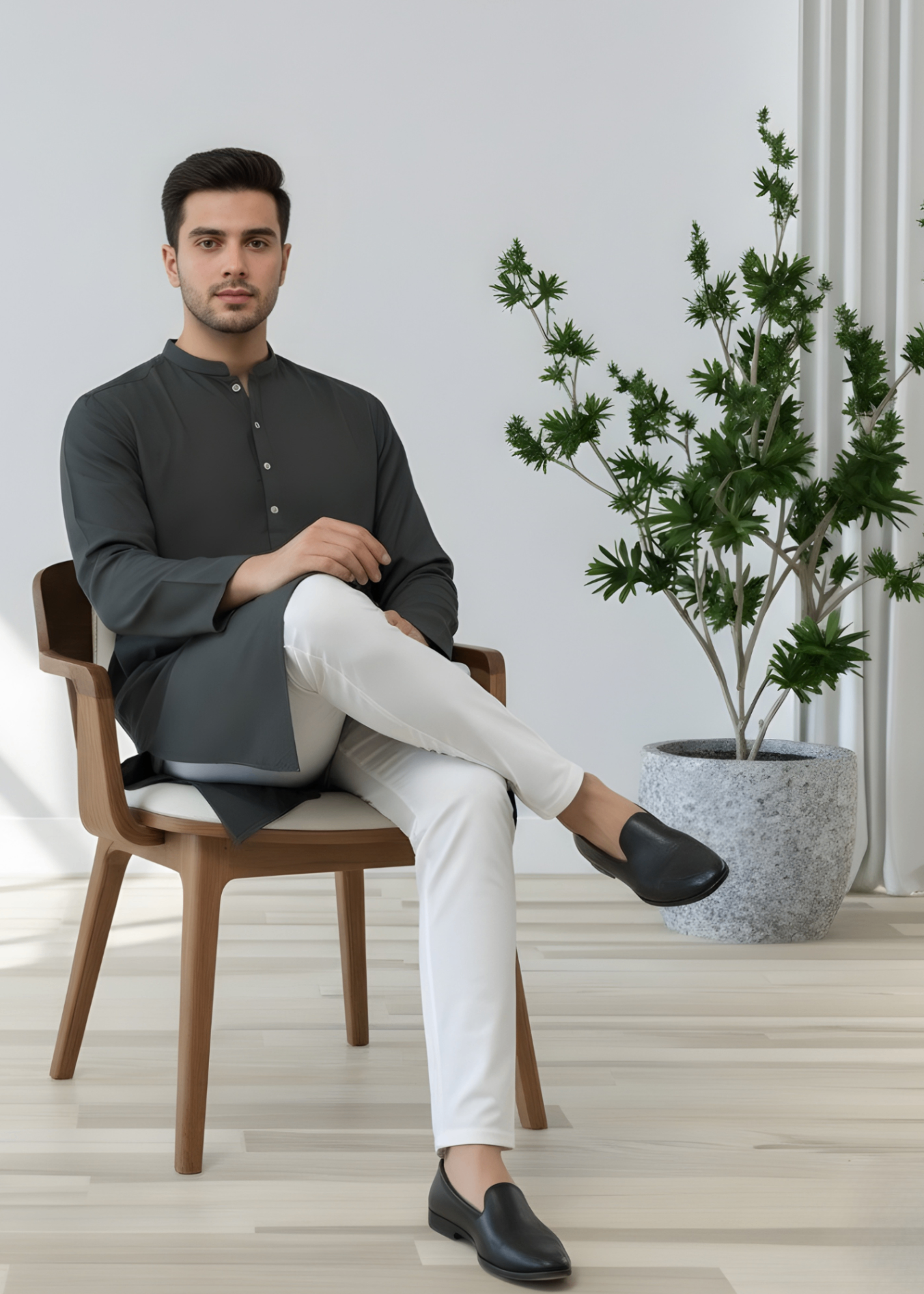 cotton dobby Kurta in Charcoal black