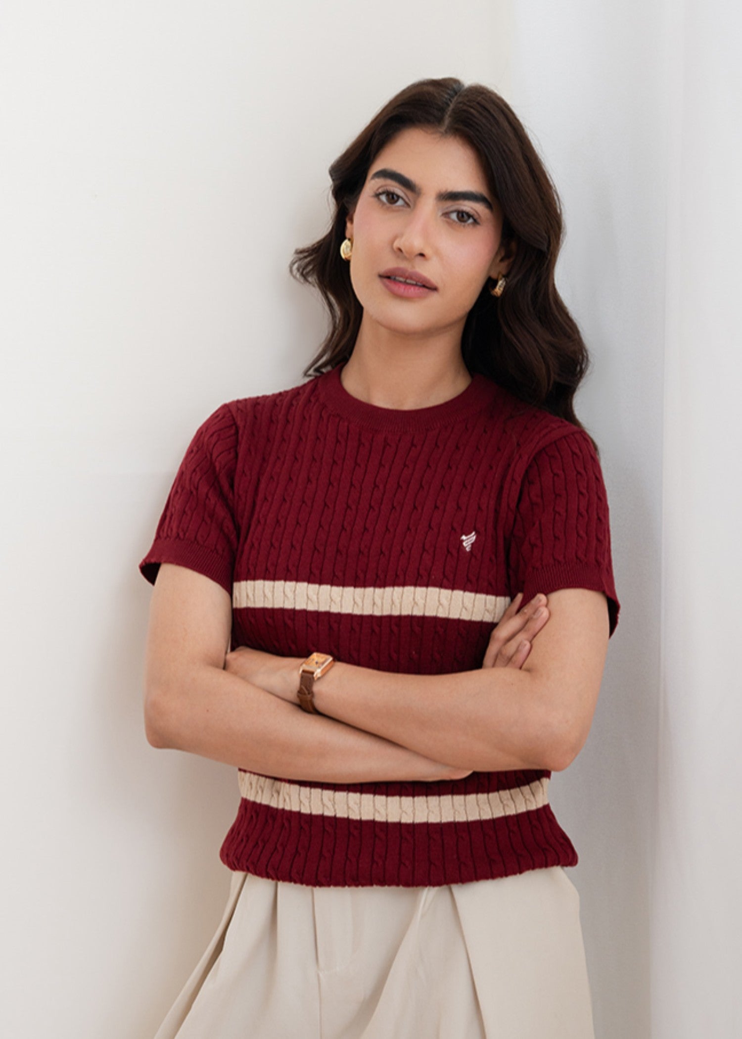 interlock knit T Shirt in Maroon
