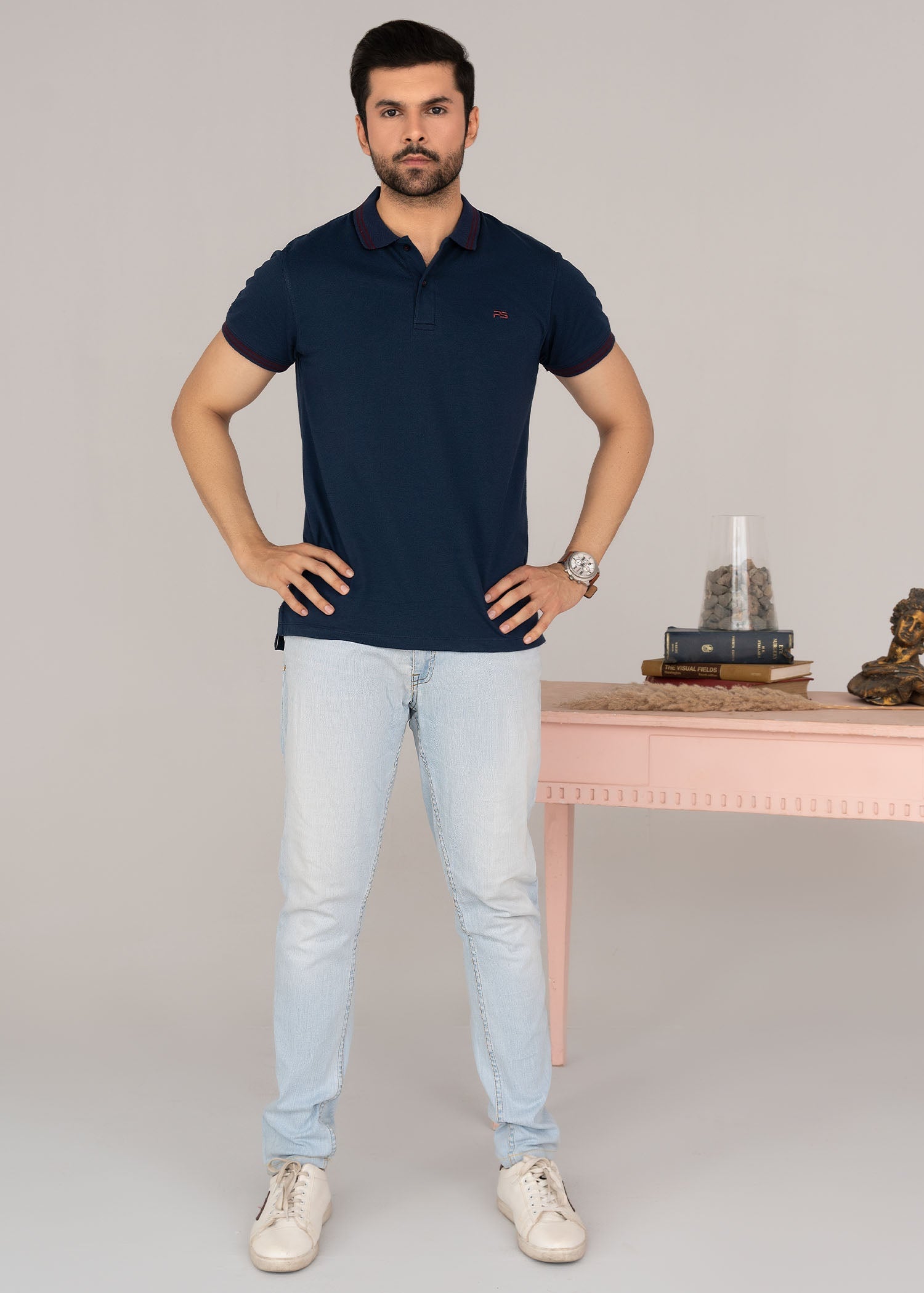single jersey knit Polo Shirt in Blue by Pinstripe