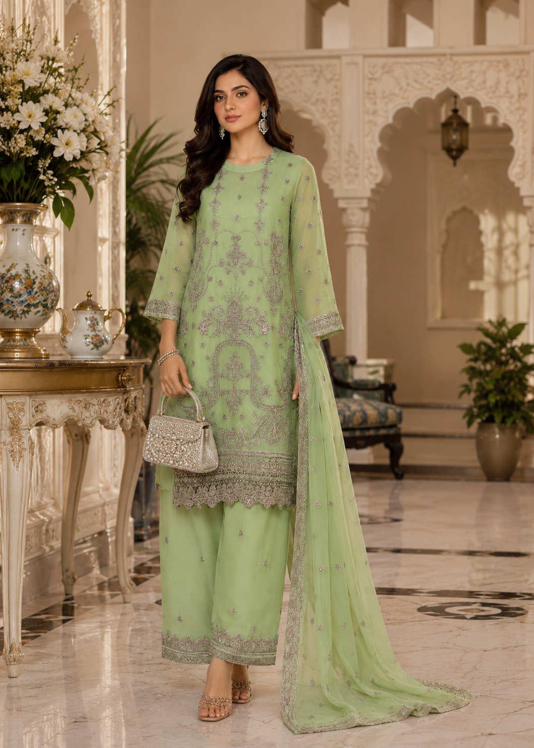 chiffon Kurta Set in Pistachio green