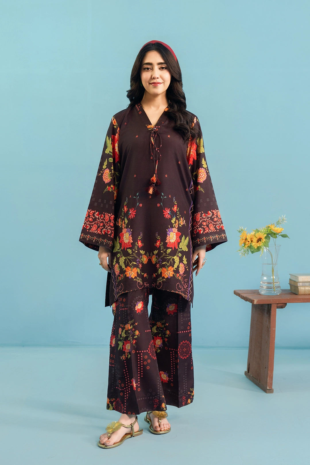 silk finish lawn Co Ord Sets in Dark brown