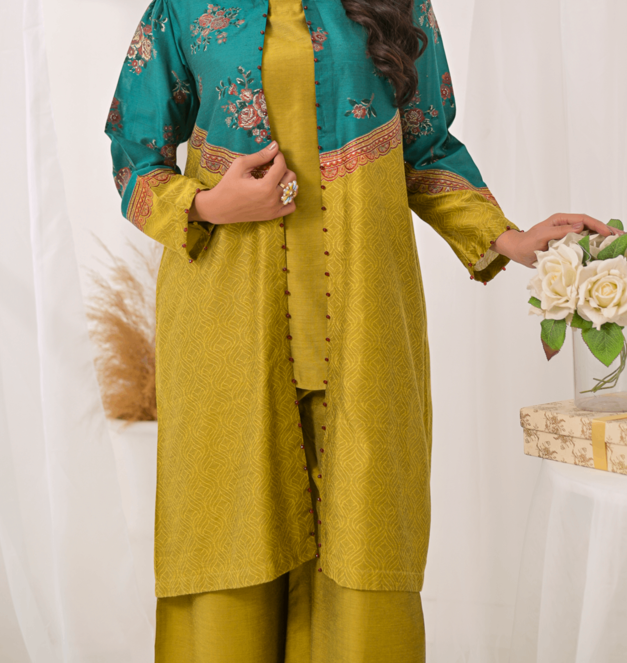 jacquard Gown in Goldenrod, parrot green