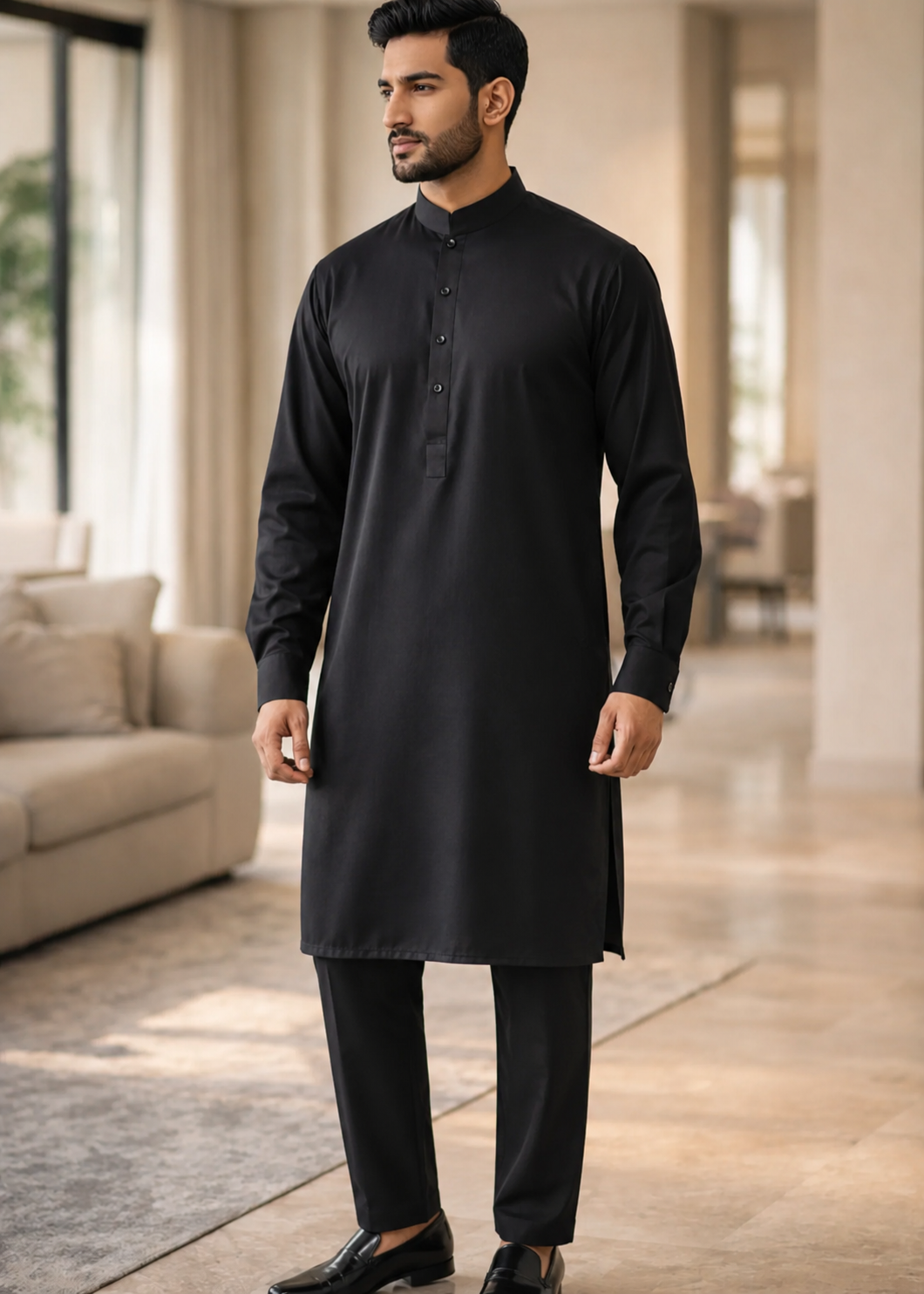 textured wash & wear Kurta Set in Black by Noor E Zehra.Store