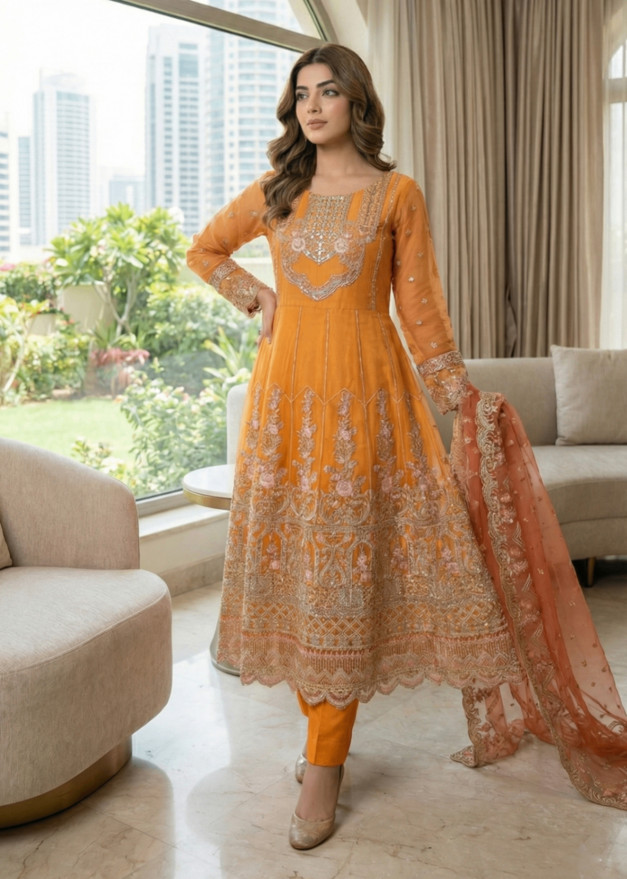 organza Pishwas in Mustard