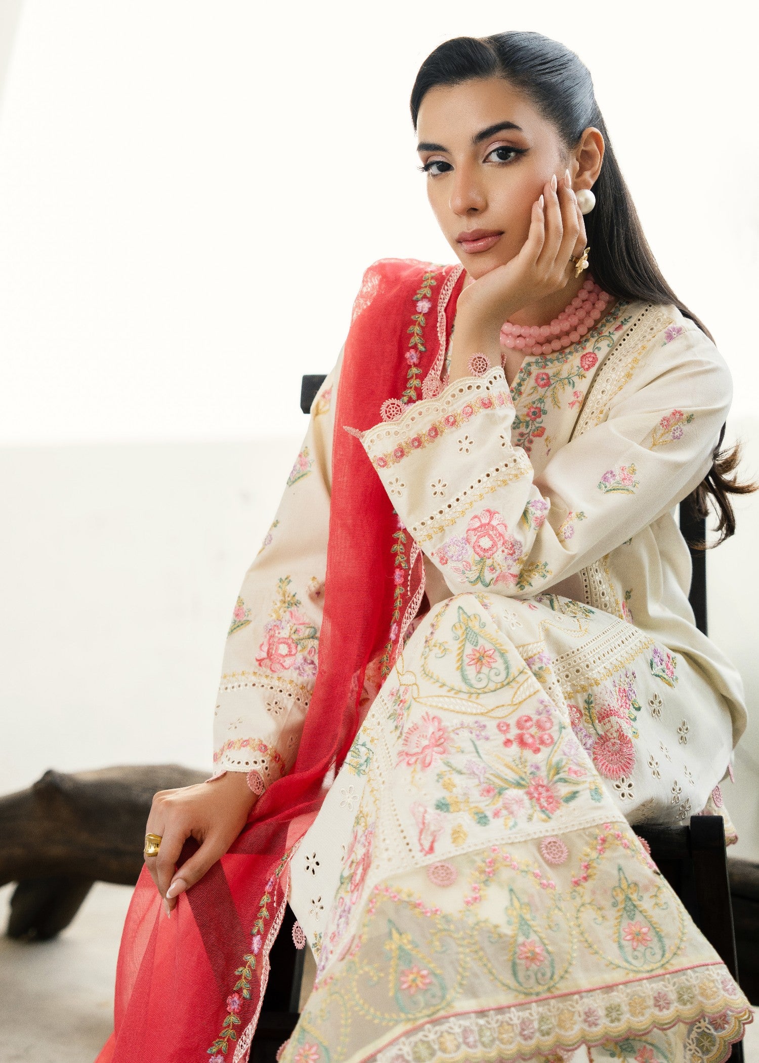 lawn Kurta Set in Shocking pink, cream