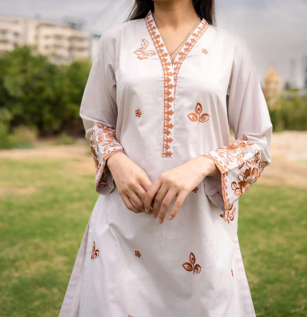 cambric Kurta Set in Pearl white