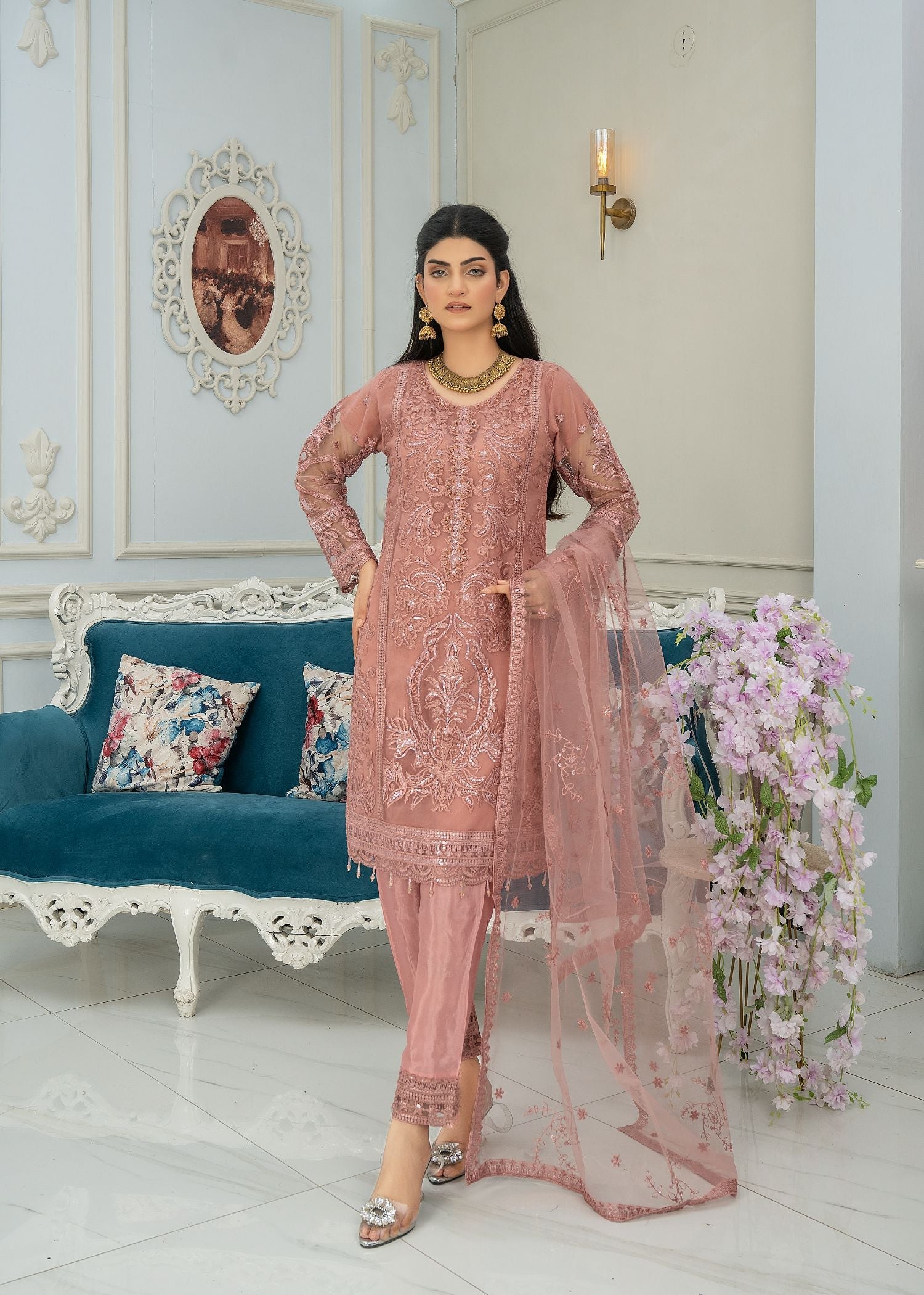 net Kurta Set in Tea rose pink