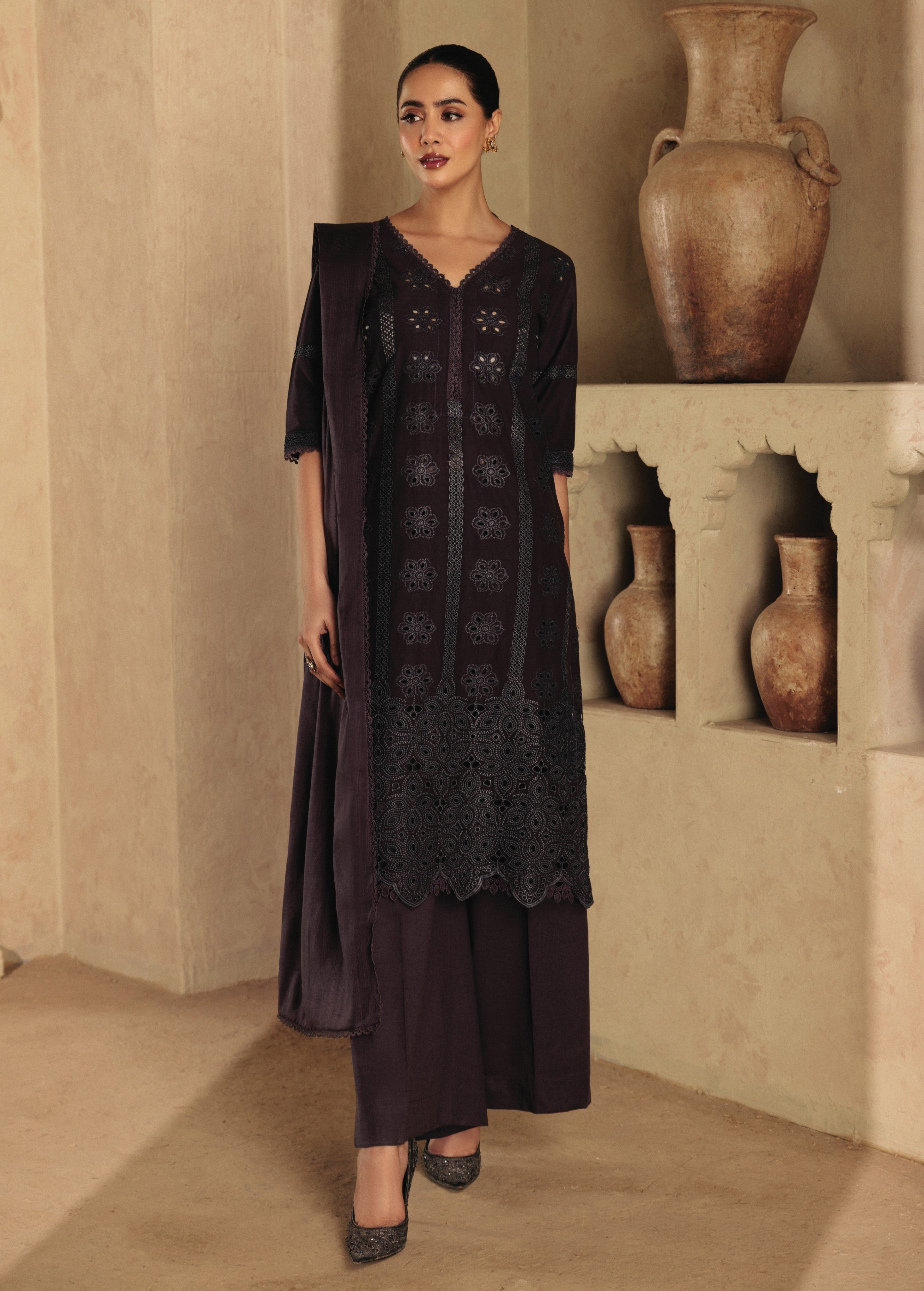 lawn Kurta Set in Egg plant