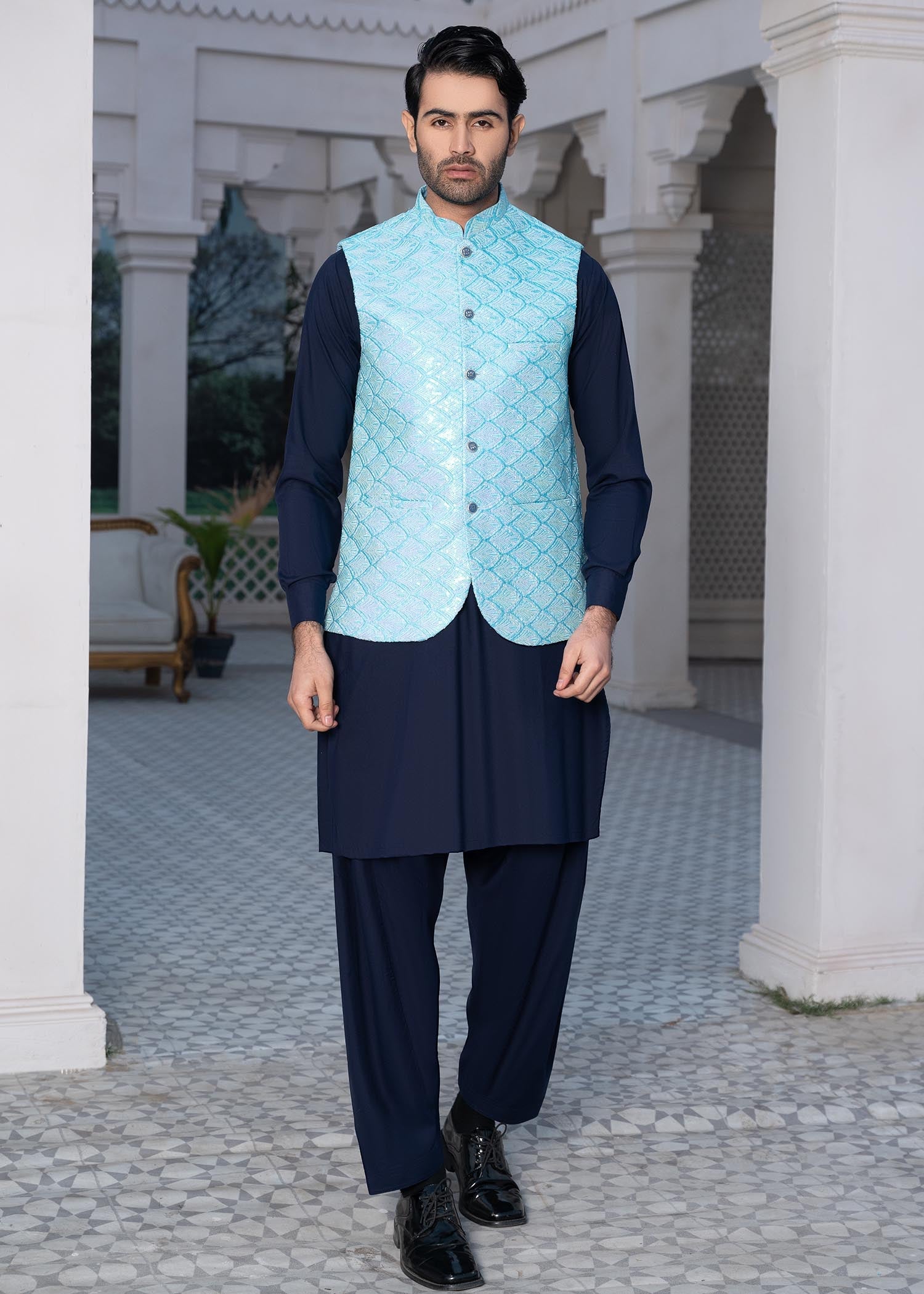 jamawar Waistcoat in Blue lagoon by Safari Club