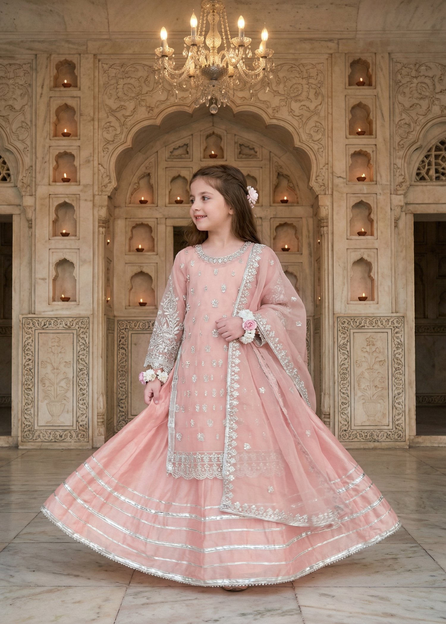 organza Lehenga in Peach pink
