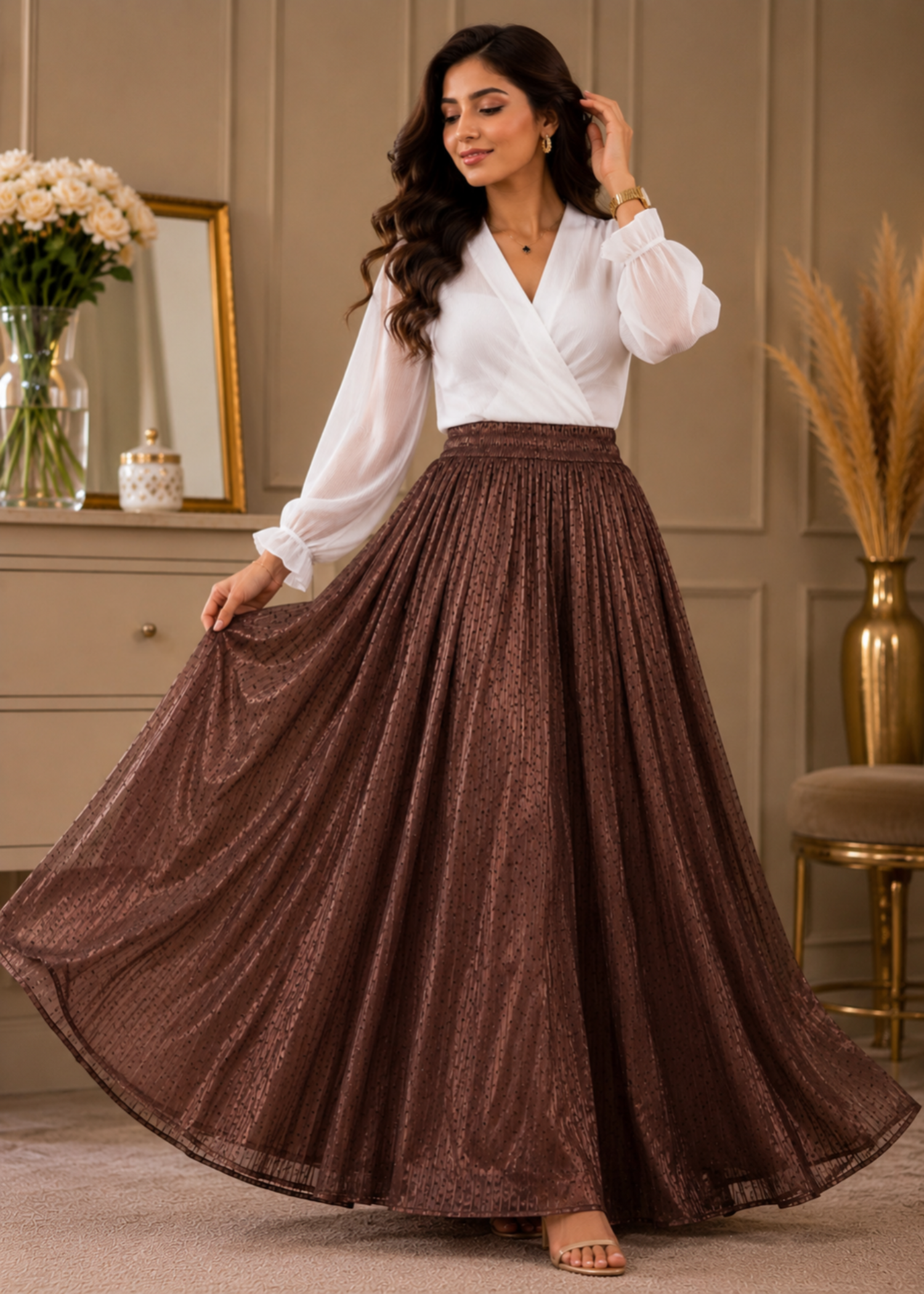 polyester chiffon Skirt in Dark brown