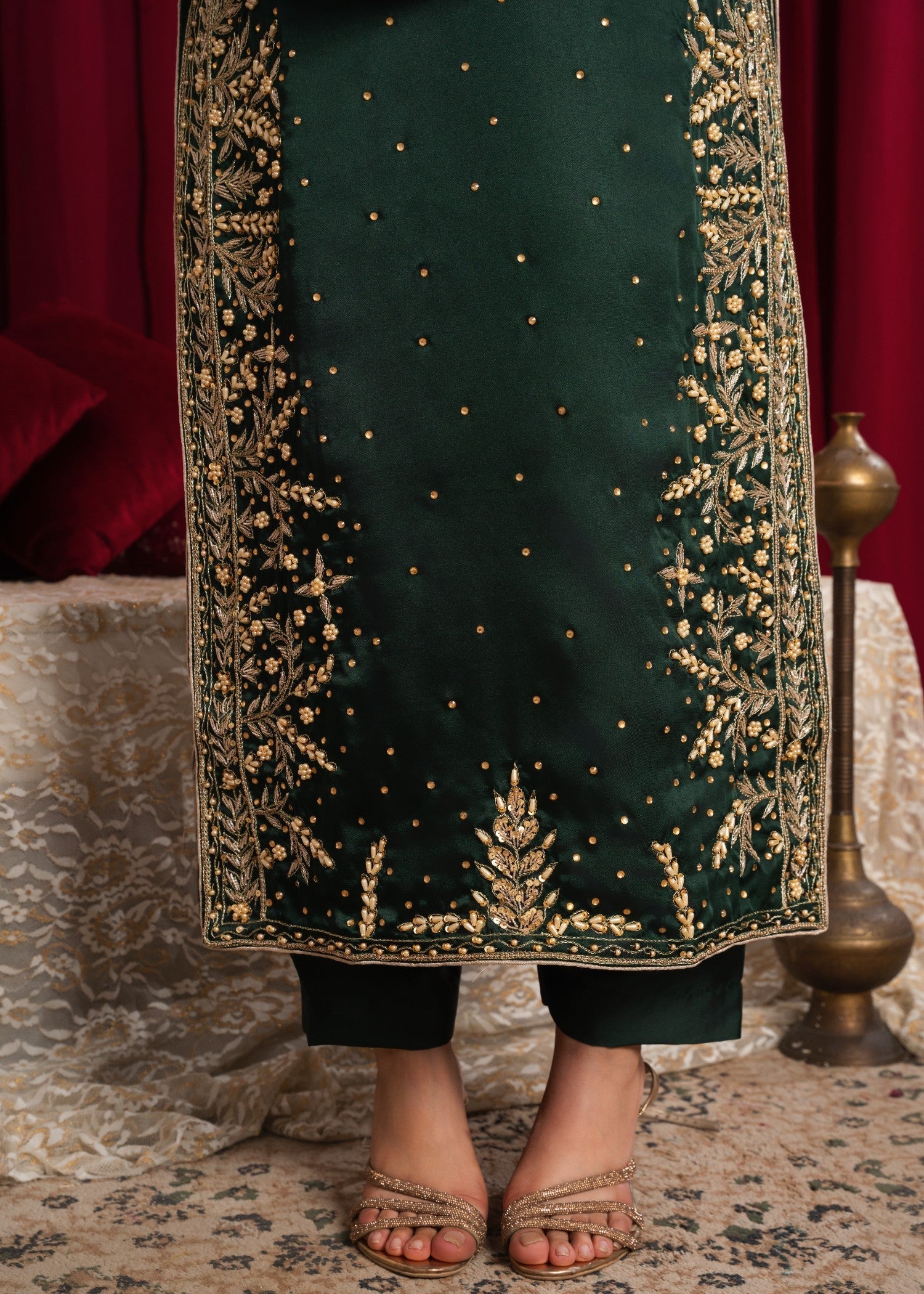 silk charmeuse Kurta Set in Bottle green