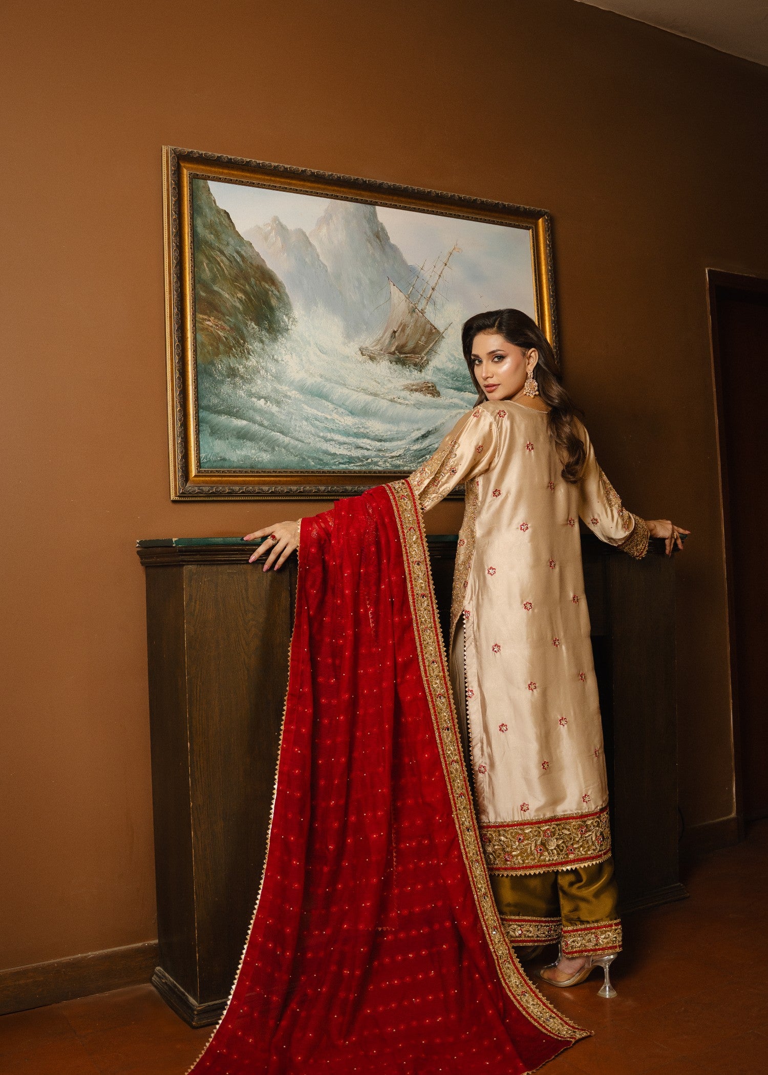silk charmeuse Kurta Set in Crimson, flax