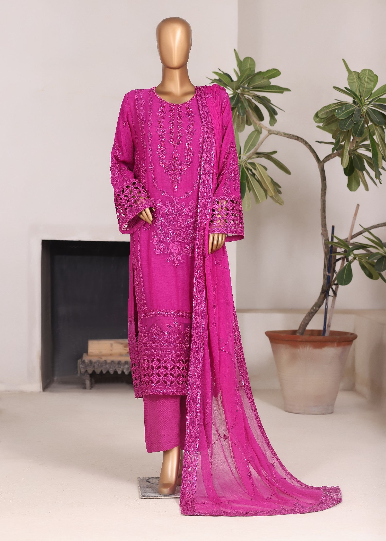 bemberg crinkle chiffon Kurta Set in Magenta