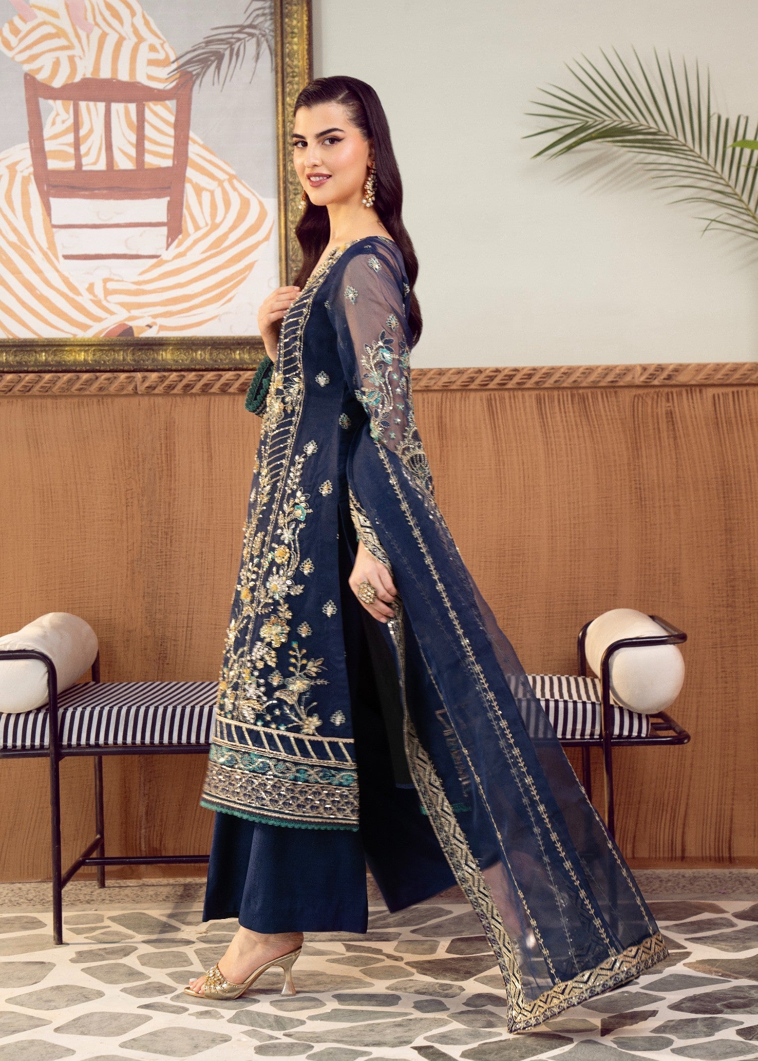 organza Unstitched in Navy blue