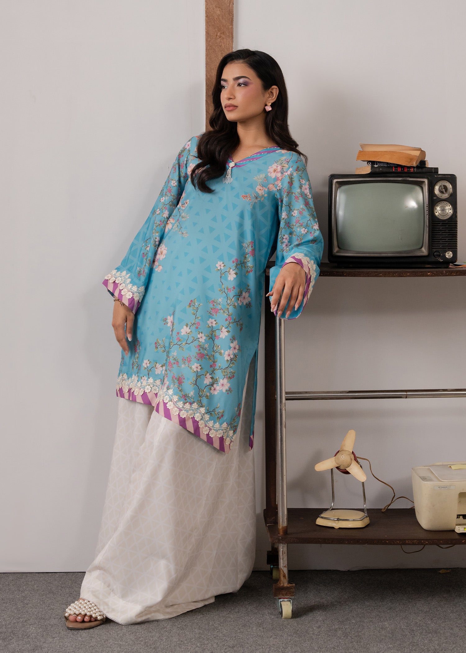 poly lawn Kurta Set in Sky blue