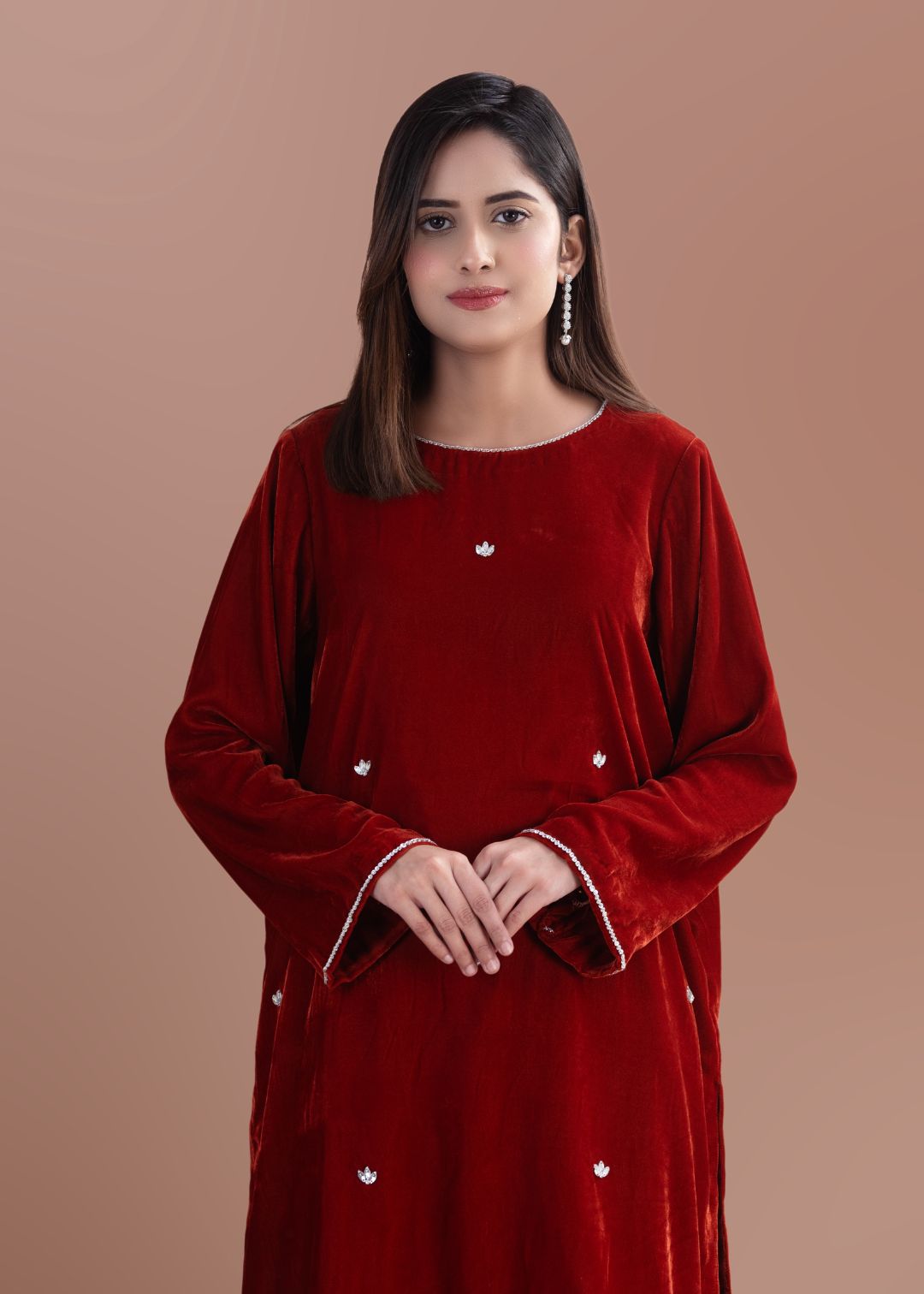 chinese micro velvet 9000 Kurta Set in Rust orange