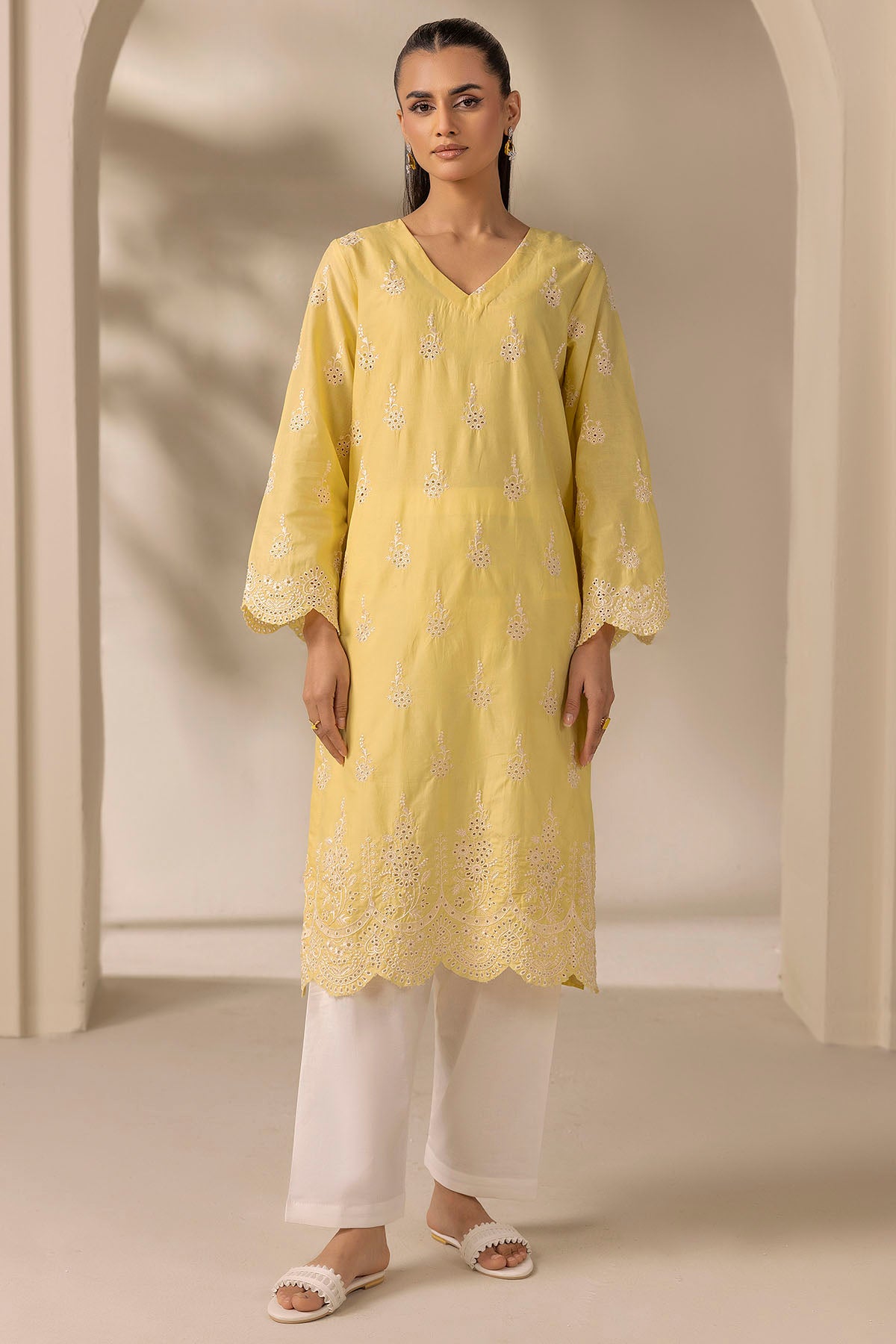 schiffli Kurta Set in Lemon