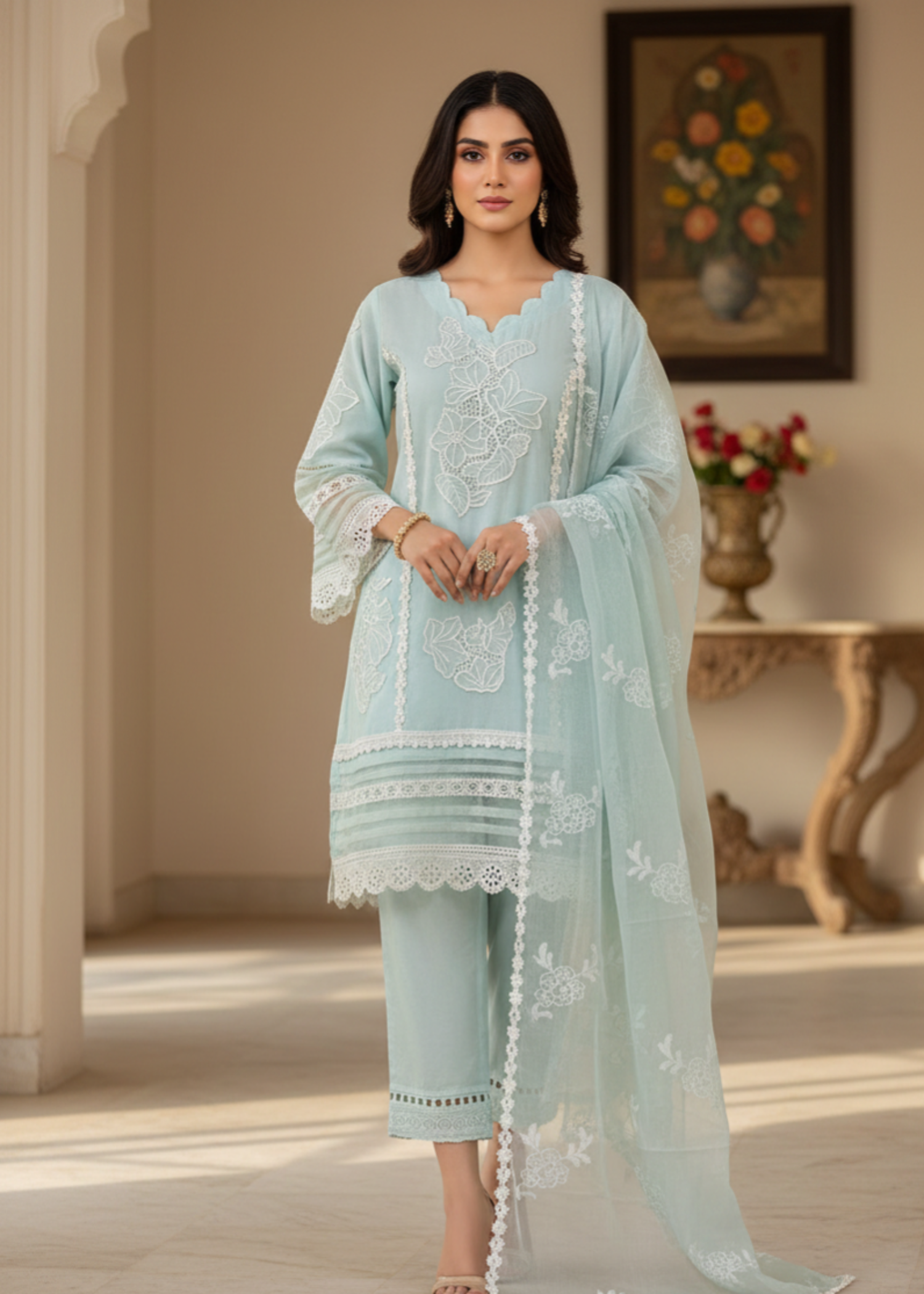 khaddi net Kurta Set in Ice blue