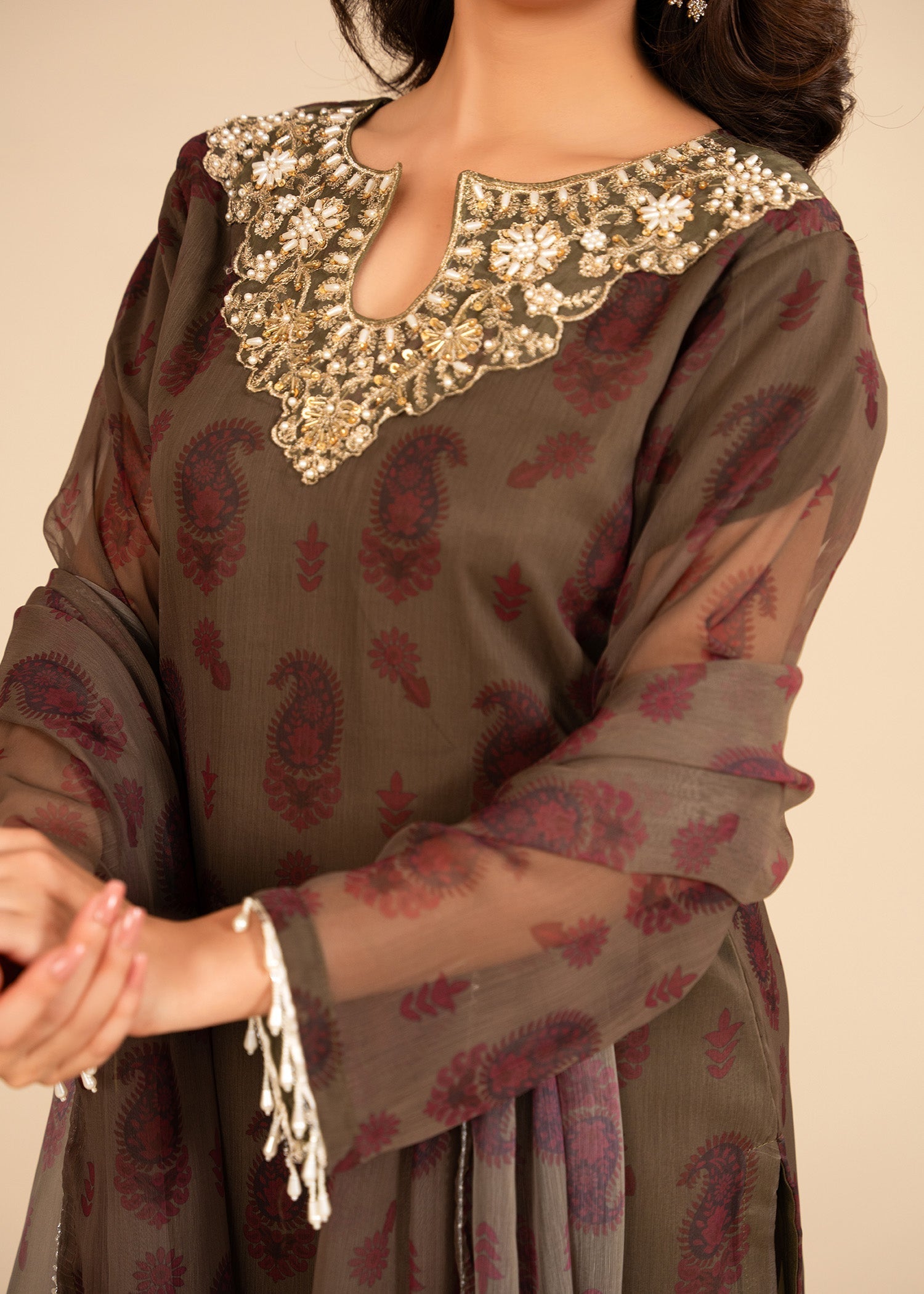 bemberg crinkle chiffon Gharara in Brown