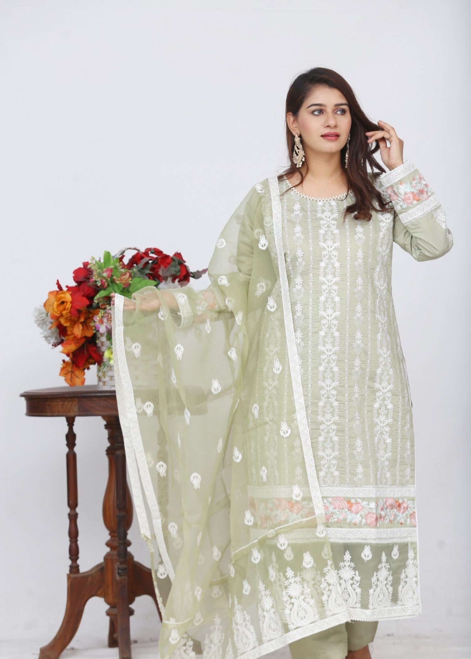 khaddi net Kurta Set in Pistachio green