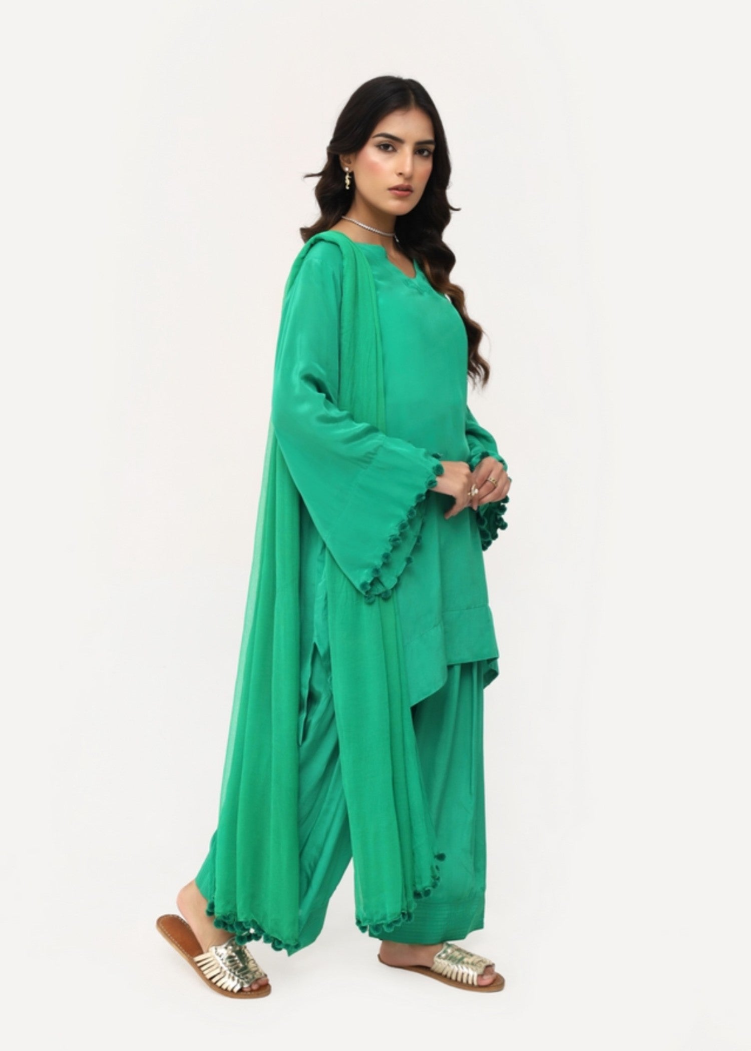 silk finish lawn Kurta Set in Green