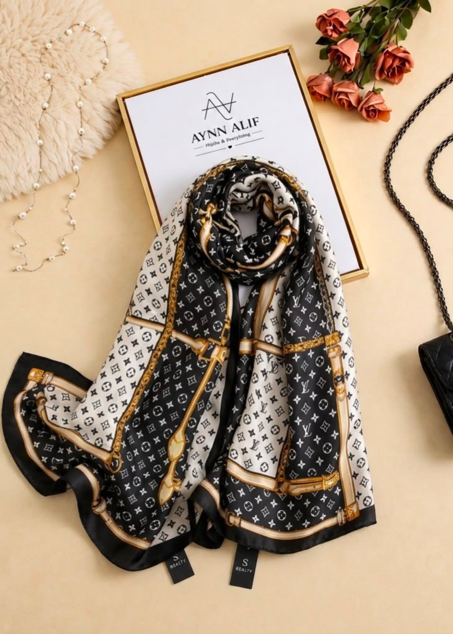 silk Hijab in Black, gold