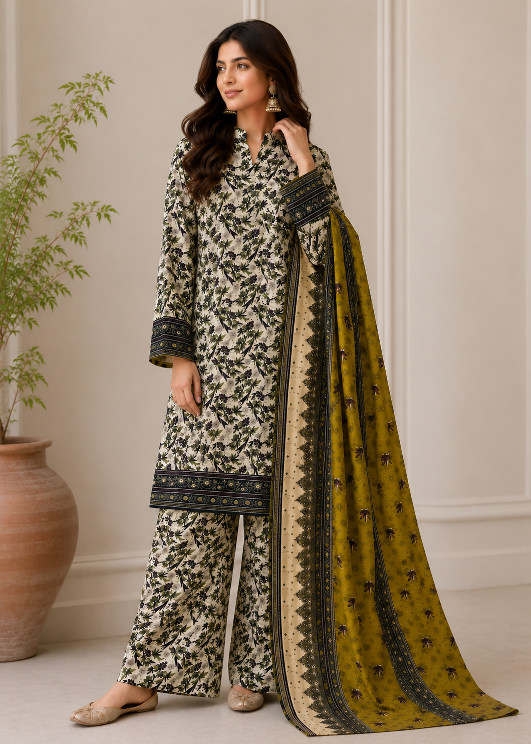 cotton Unstitched in Beige, army green