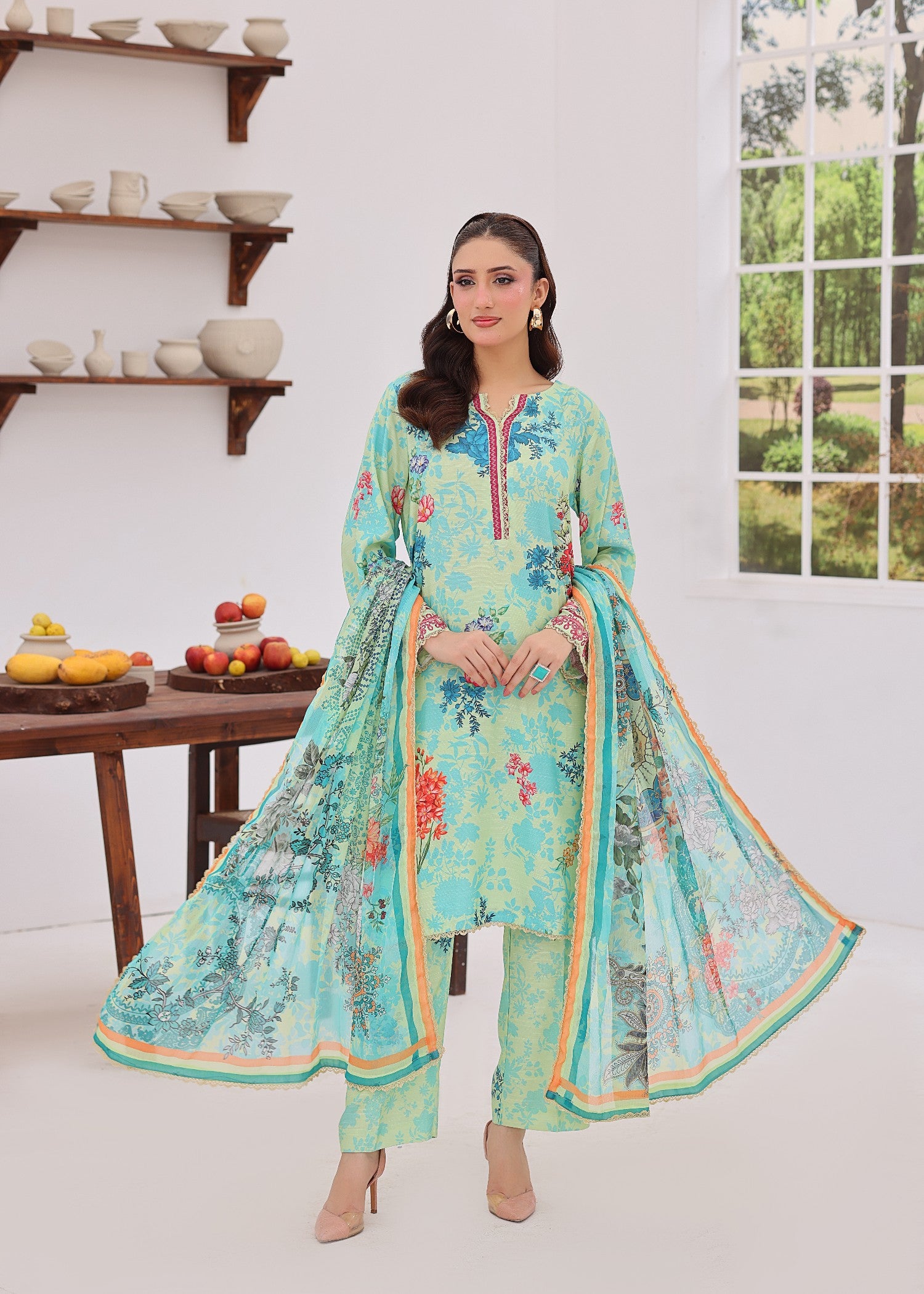 viscose raw silk Kurta Set in Mint green