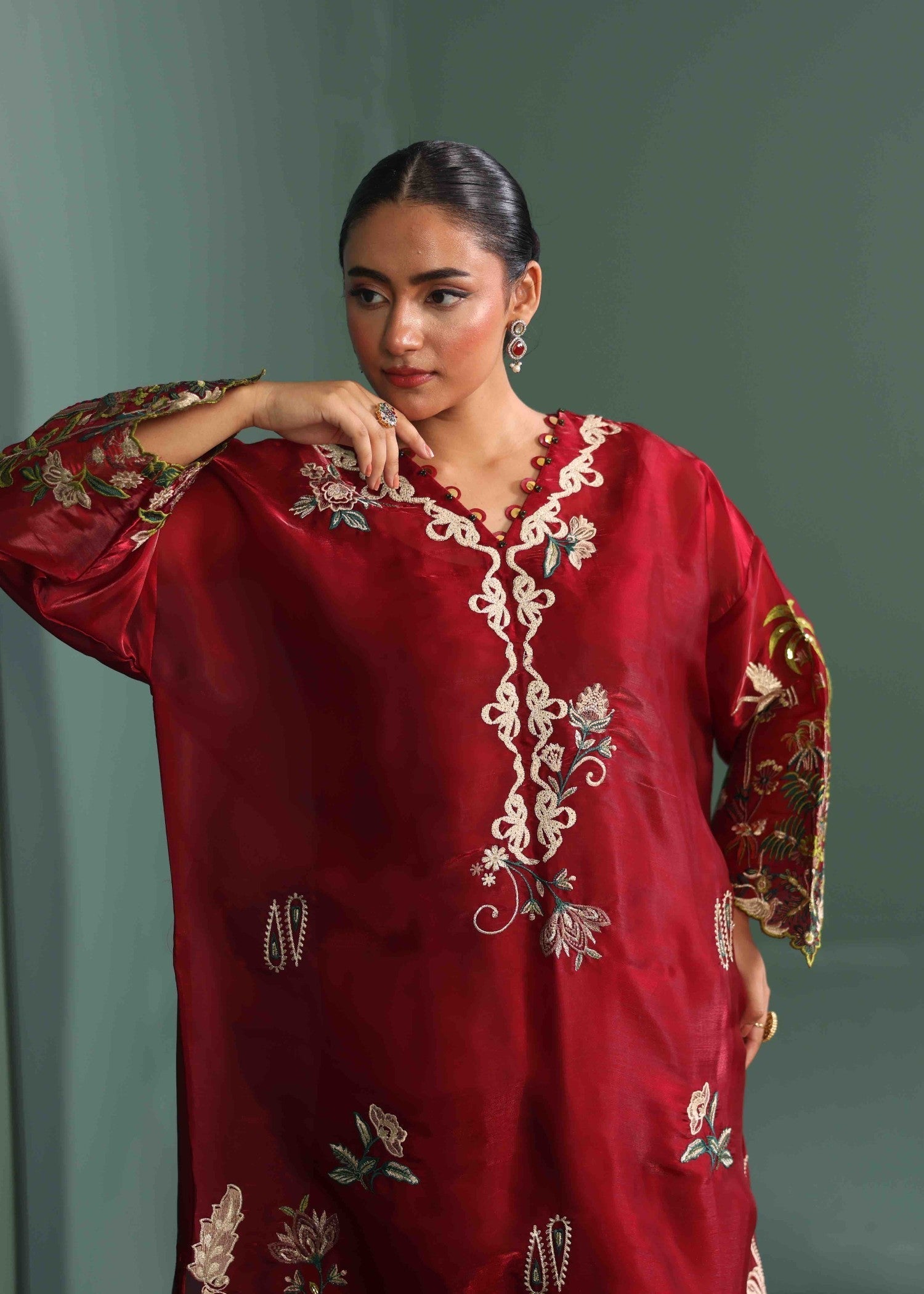 tussar silk Kaftan in Maroon