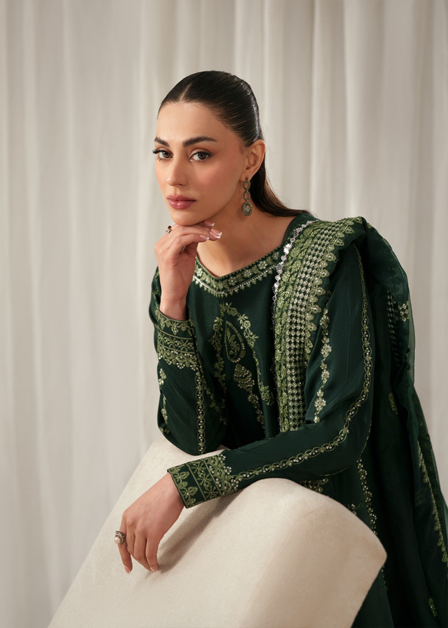 korean raw silk Kurta Set in Dark green