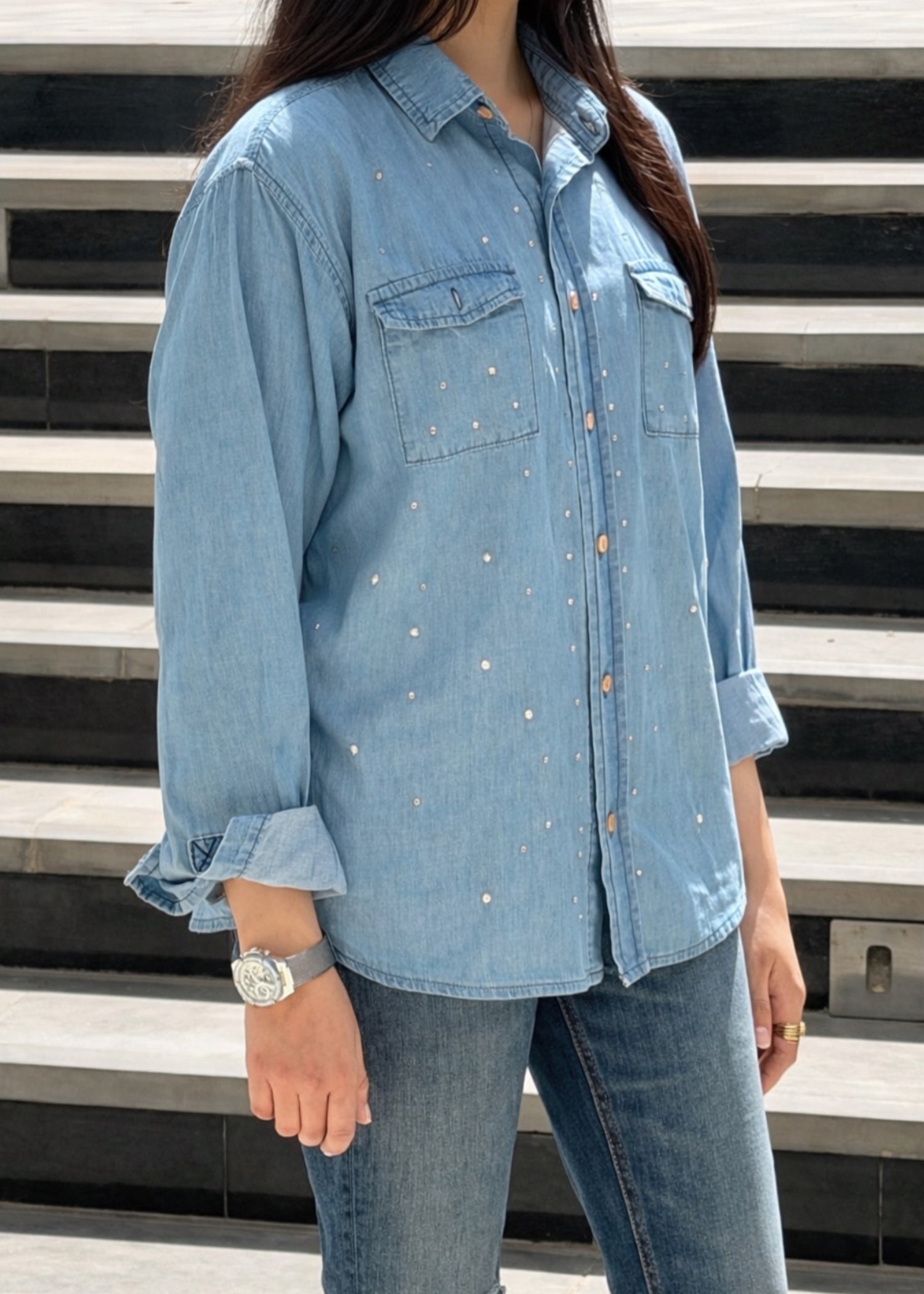 denim-like chambray Top in Sky blue