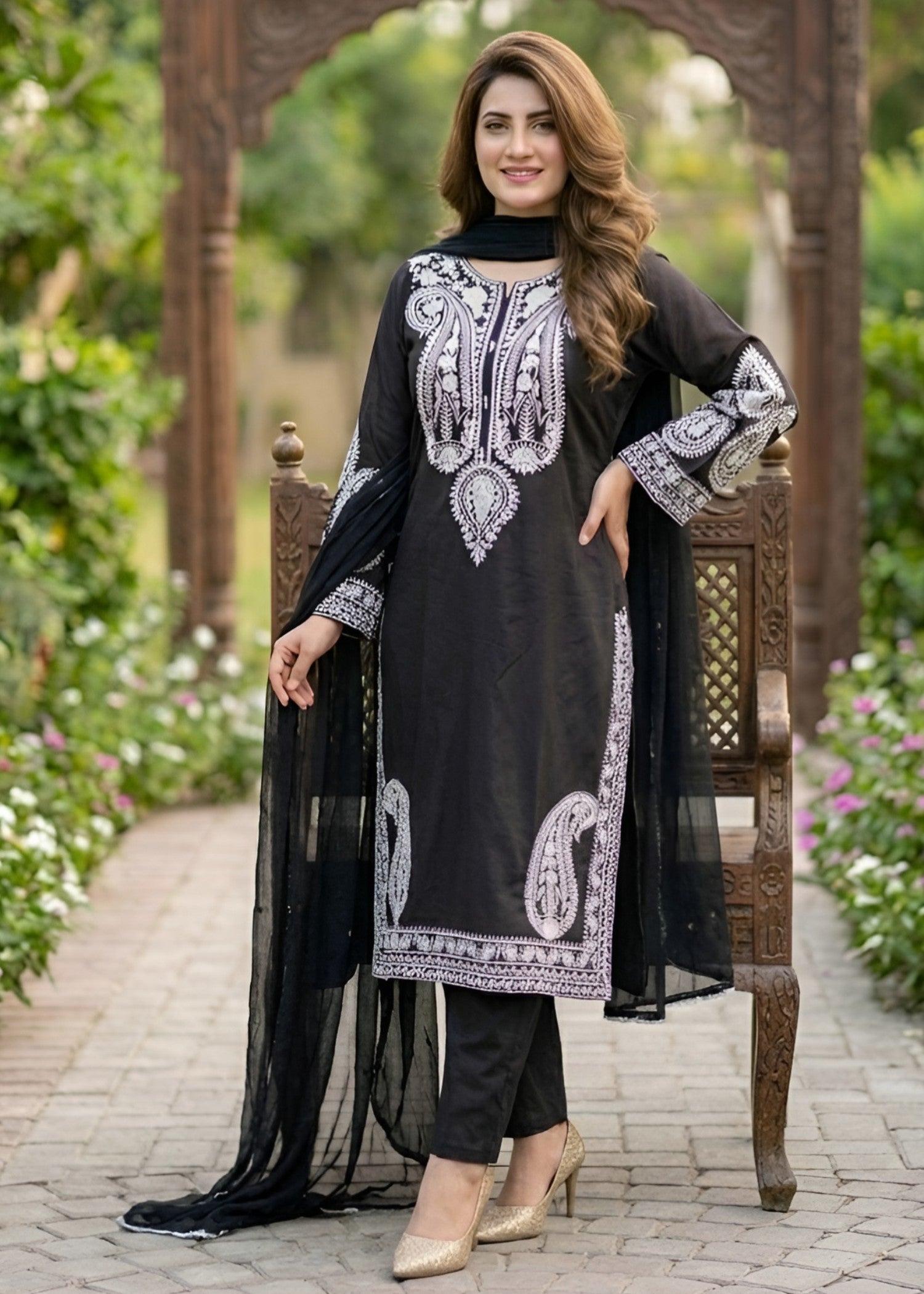 linen chambray Kurta Set in Black